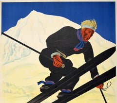Original Vintage Swiss Skiing Poster Adelboden Switzerland Ski Jump Winter Sport