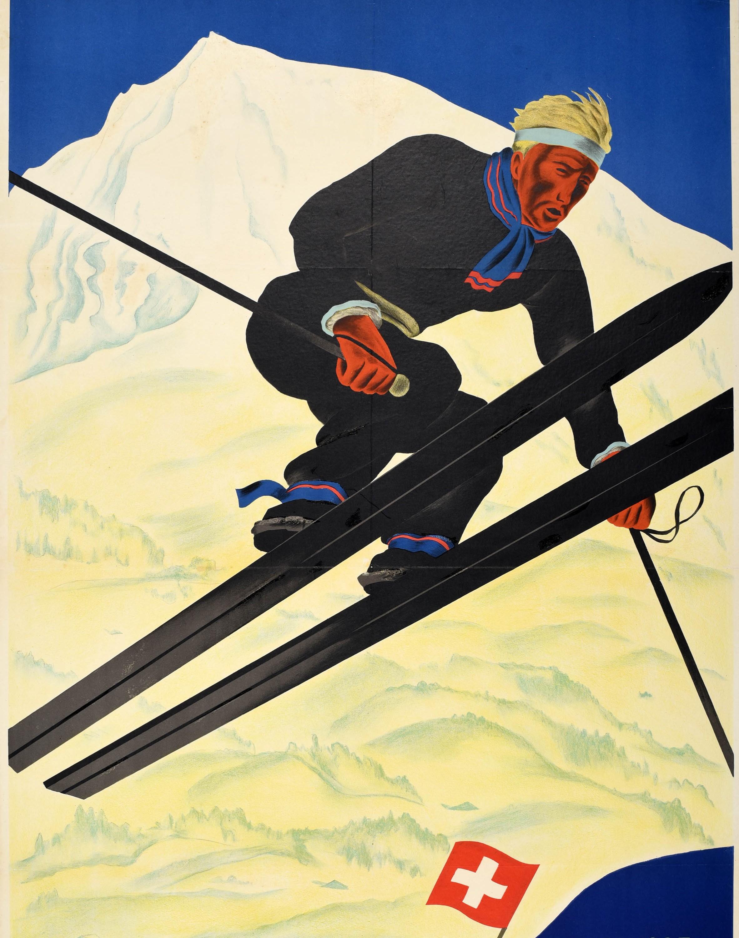 Early 20th Century Original Vintage Swiss Skiing Poster Adelboden Switzerland Ski Jump Winter Sport For Sale
