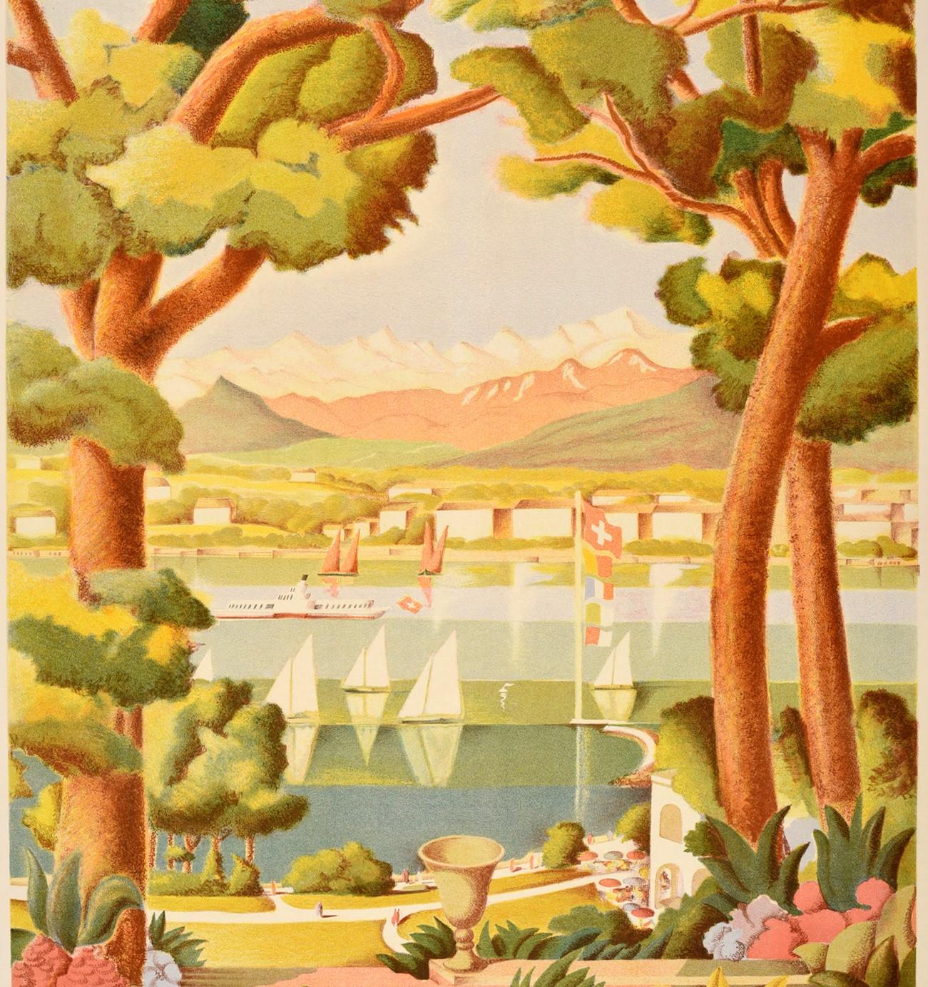 Original Vintage Swiss Travel Poster Geneve Lake Geneva Switzerland Sailing Alps In Good Condition In London, GB