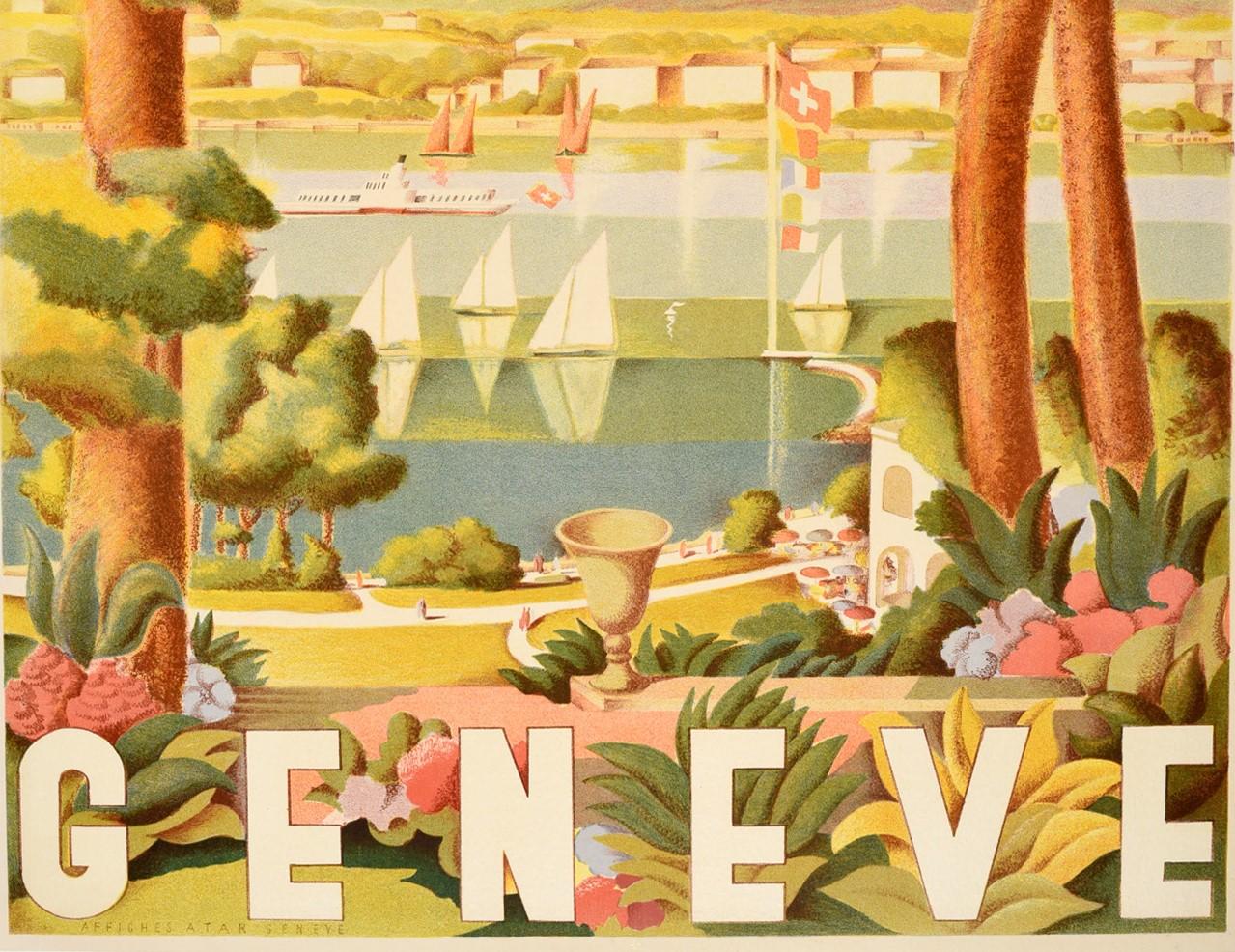 Mid-20th Century Original Vintage Swiss Travel Poster Geneve Lake Geneva Switzerland Sailing Alps
