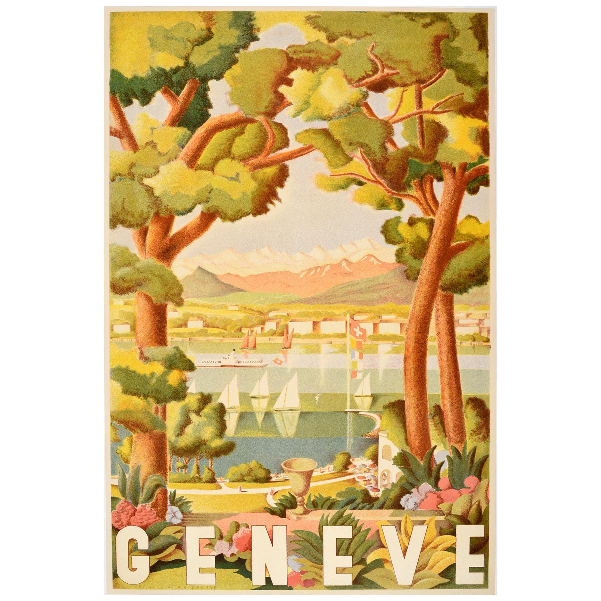 Original Vintage Swiss Travel Poster Geneve Lake Geneva Switzerland Sailing Alps