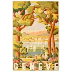 Original Vintage Swiss Travel Poster Geneve Lake Geneva Switzerland Sailing Alps