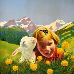 Affiche de voyage suisse vintage originale : Gstaad, Suisse, montagnes, Leo Keck, Alpes