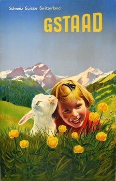 Affiche de voyage suisse vintage originale : Gstaad, Suisse, montagnes, Leo Keck, Alpes