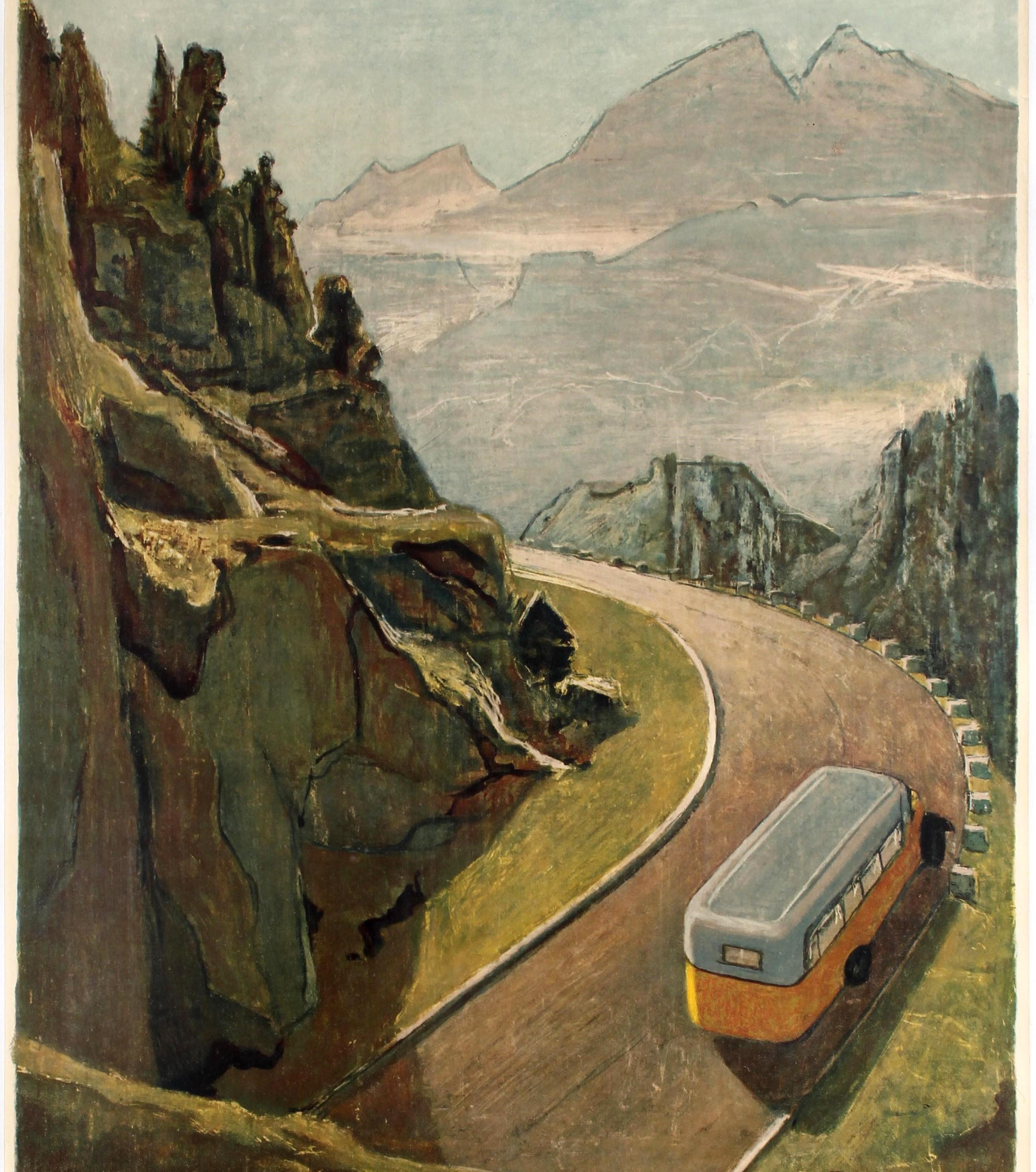 Original vintage poster by the Swiss painter Victor Surbek (1885-1975) in French - Suisse Postes Alpestres - depicting a scenic image of a white and yellow Alpine Postal Motor Bus driving on a curving mountain road in light sunshine with rocks on