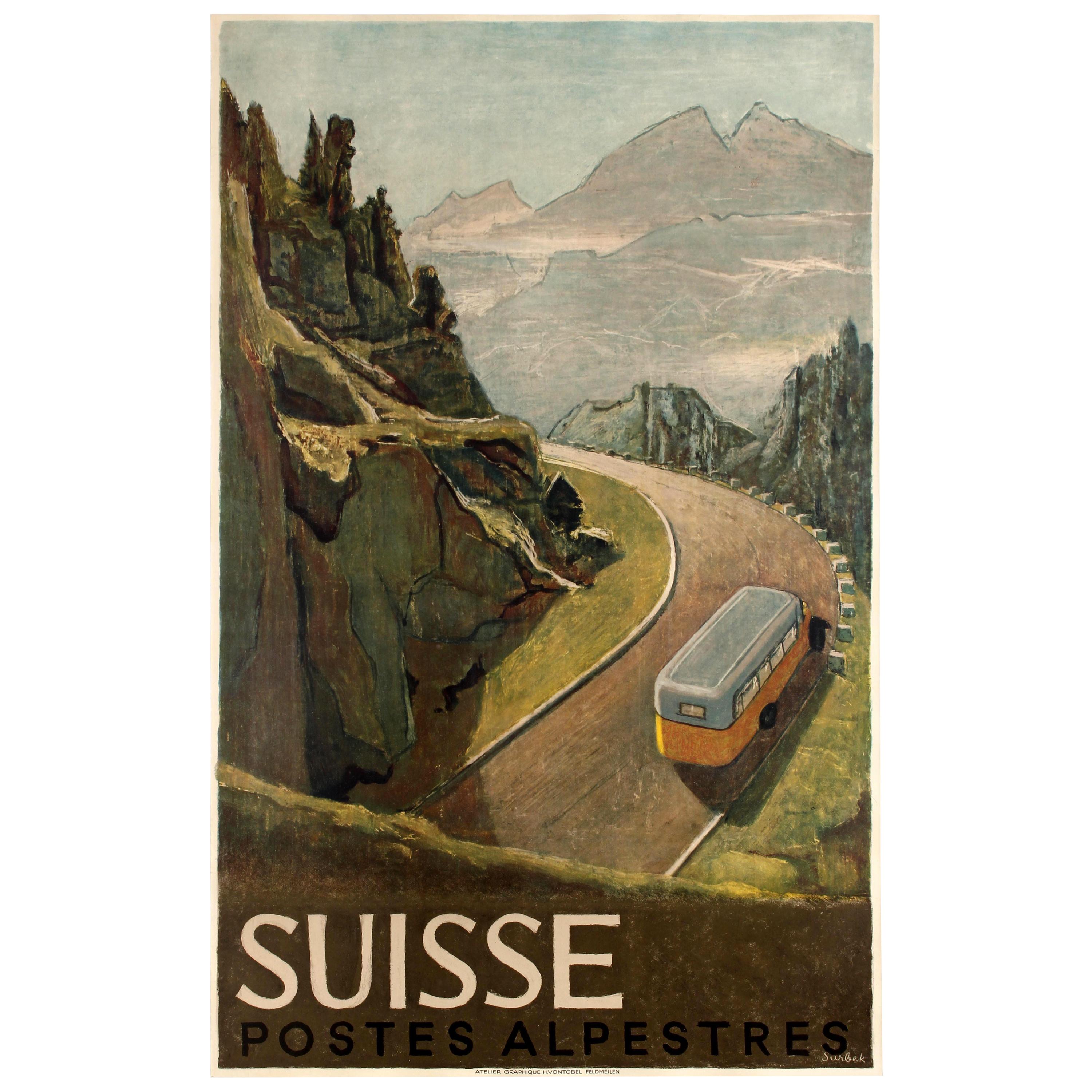 Original Vintage Swiss Travel Poster Suisse Postes Alpestres Alps Post Motor Bus