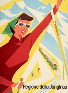 Póster Original Vintage Swiss Winter Sport Esquí Suiza Región Jungfrau
