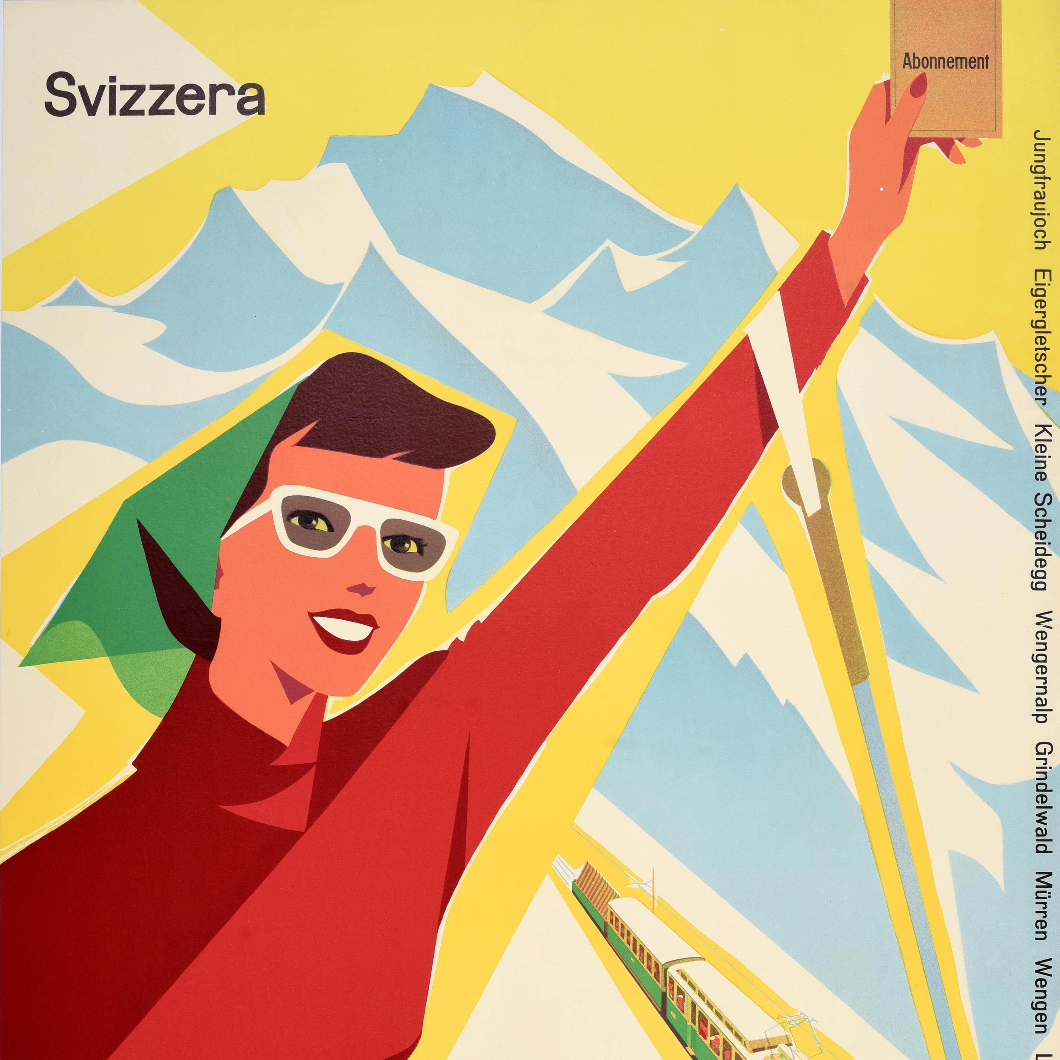 Mid-Century moderno Poster originale d'epoca sugli sport invernali svizzeri, Svizzera, Regione della Jungfrau in vendita