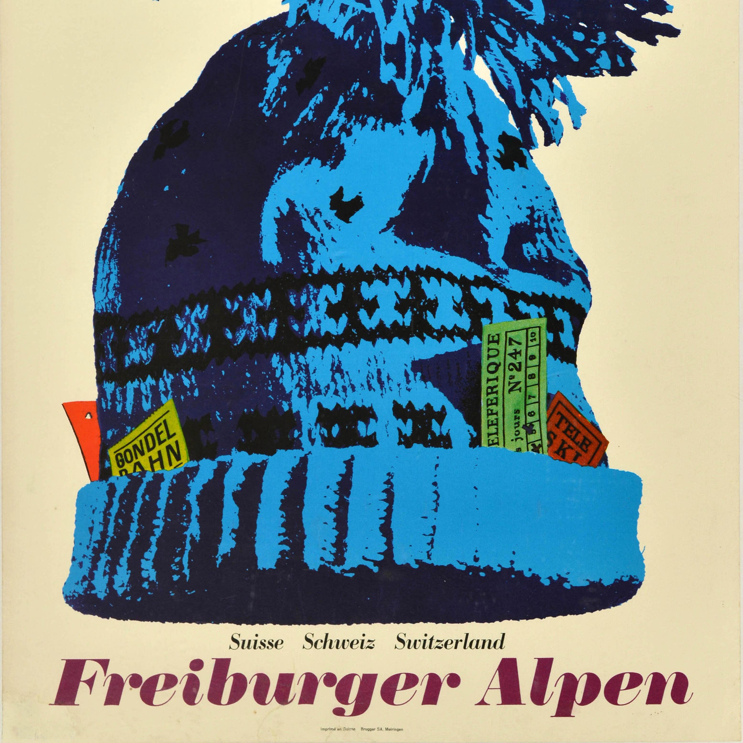 Originale poster svizzero d'epoca per gli sport invernali, Alpi di Friburgo, Svizzera. In condizioni discrete in vendita a London, GB