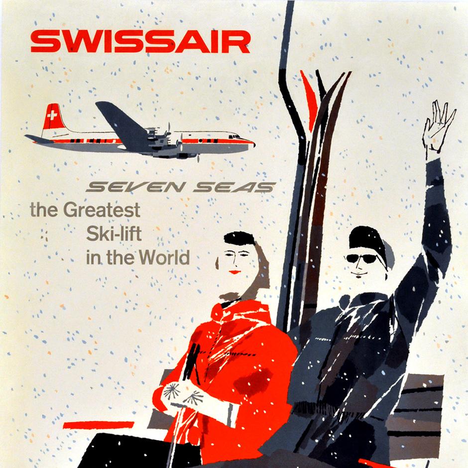 Original vintage skiing poster for Swissair Seven Seas the greatest ski lift in the world. Great mid-century modern style design of a couple riding on a ski lift with the snow falling and a propeller plane flying above, the logo below. Artwork by