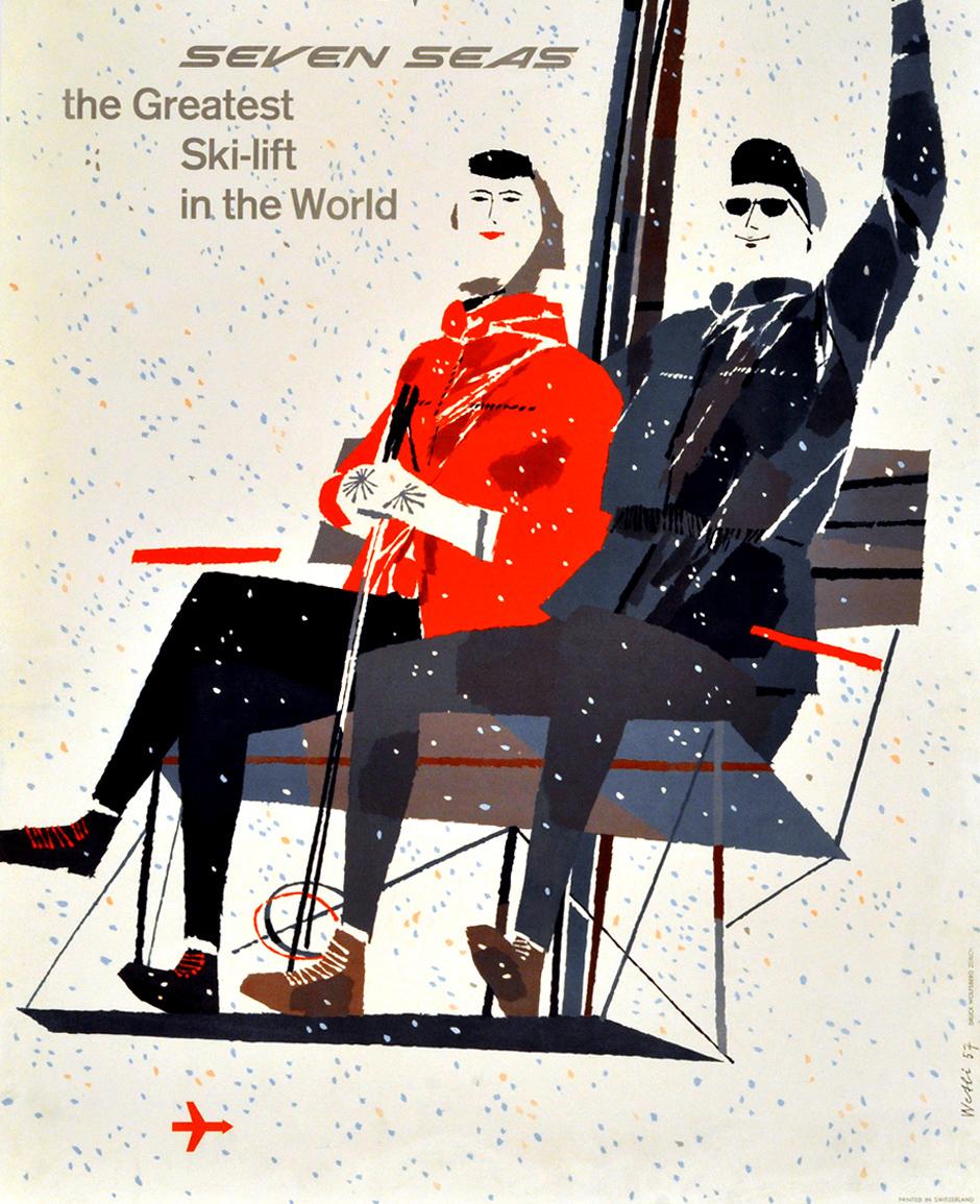 Original Vintage Swissair Poster Seven Seas The Greatest Ski Lift In The World In Excellent Condition For Sale In London, GB