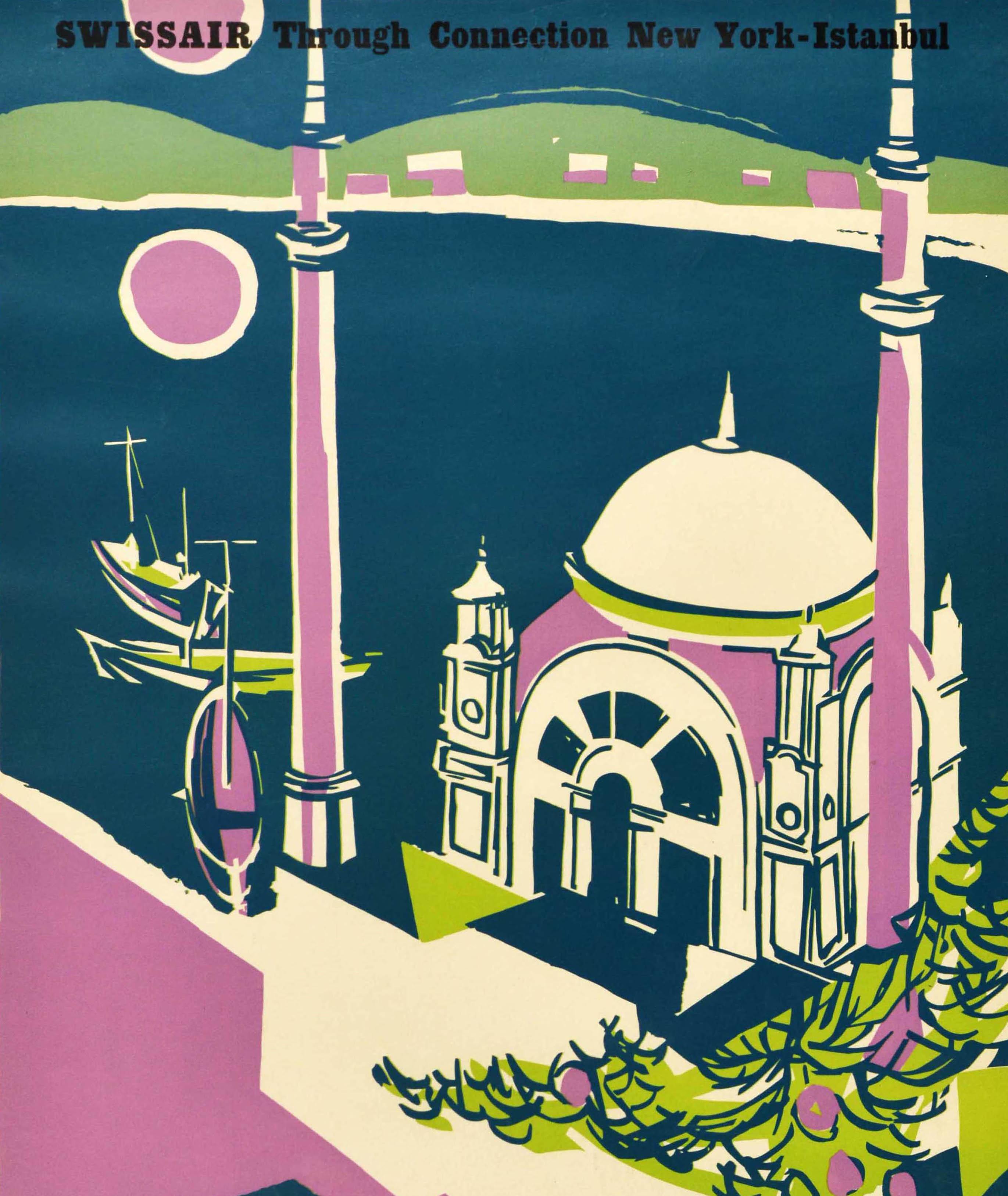 Original vintage Swissair travel poster for Istanbul Turkey featuring a colourful view by Henri Ott (b 1919) of the historic Ortakoy Mosque by the Bosphorus river with a tree in the foreground, boats on the calm water reflecting the sun and hills on