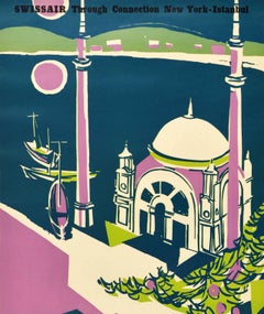 Original Vintage Swissair Travel Poster Istanbul Turkey Swissair Airline Mosque