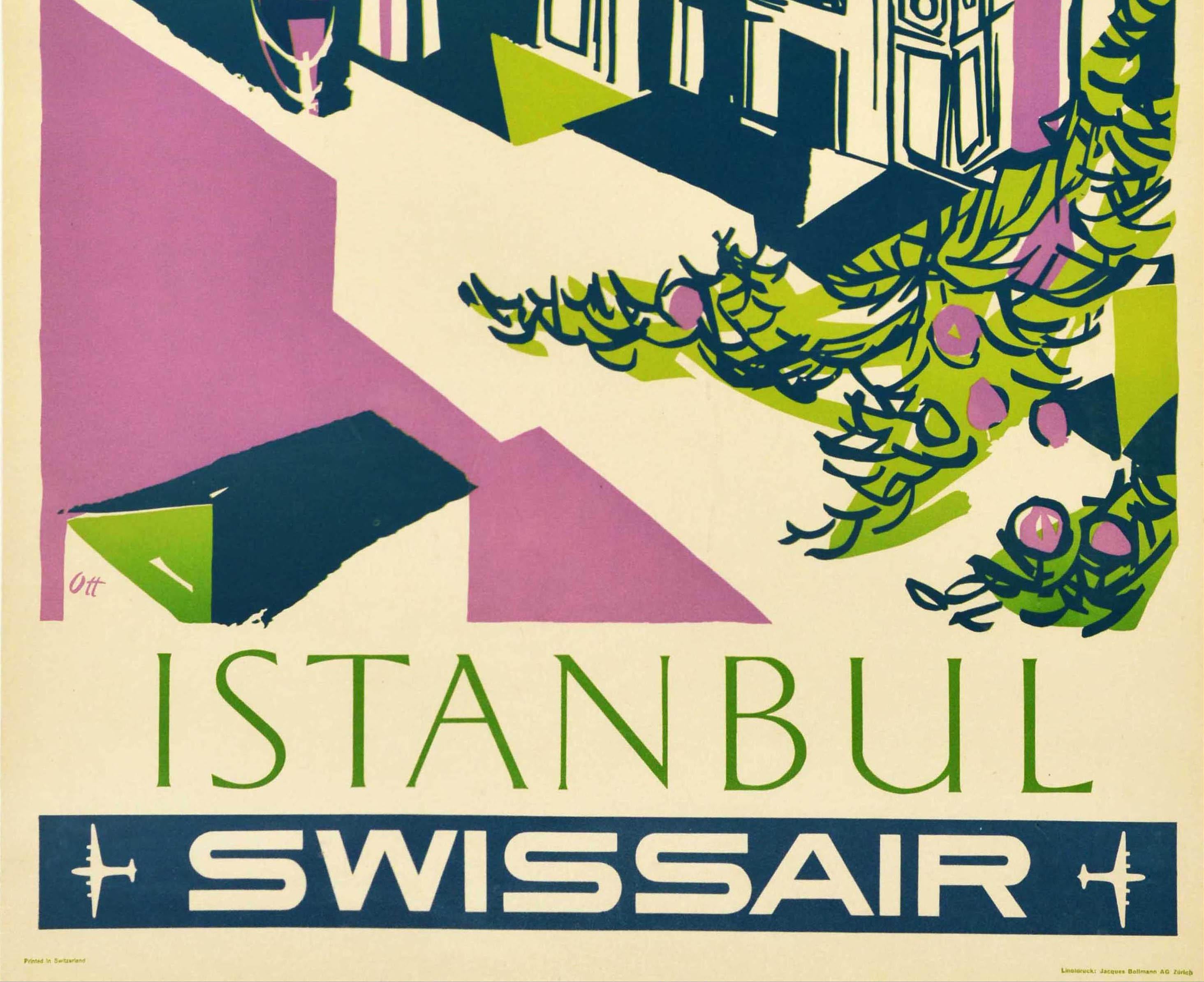 Mid-20th Century Original Vintage Swissair Travel Poster Istanbul Turkey Swissair Airline Mosque