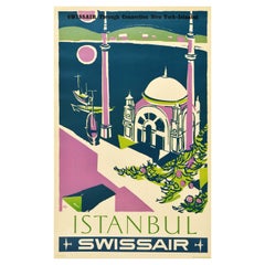 Original Vintage-Reiseplakat Swissair Istanbul Türkei, Schweizerair Airline Mosque, Original