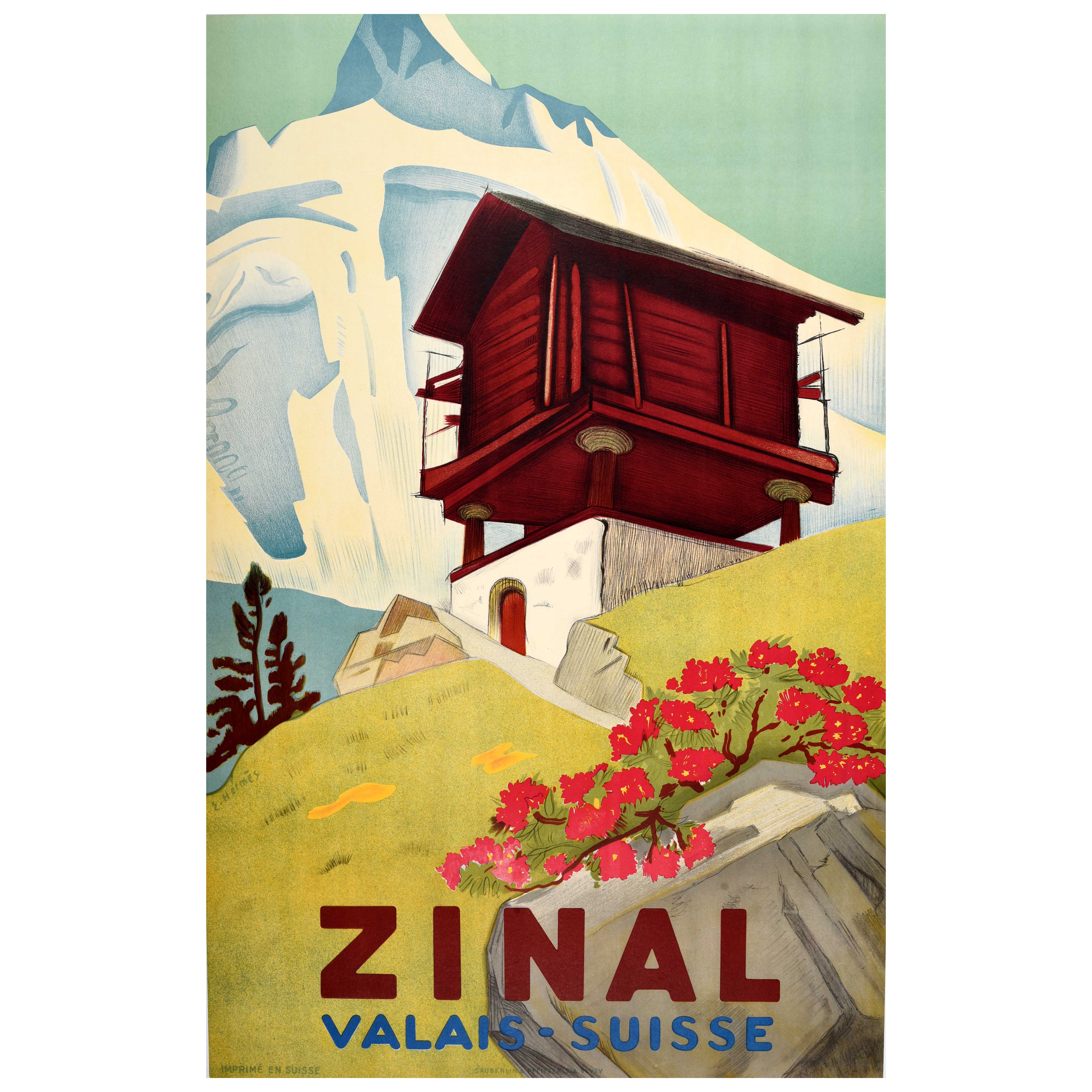 Original Vintage Suiza Cartel Publicitario de Viaje Zinal Valais Suisse