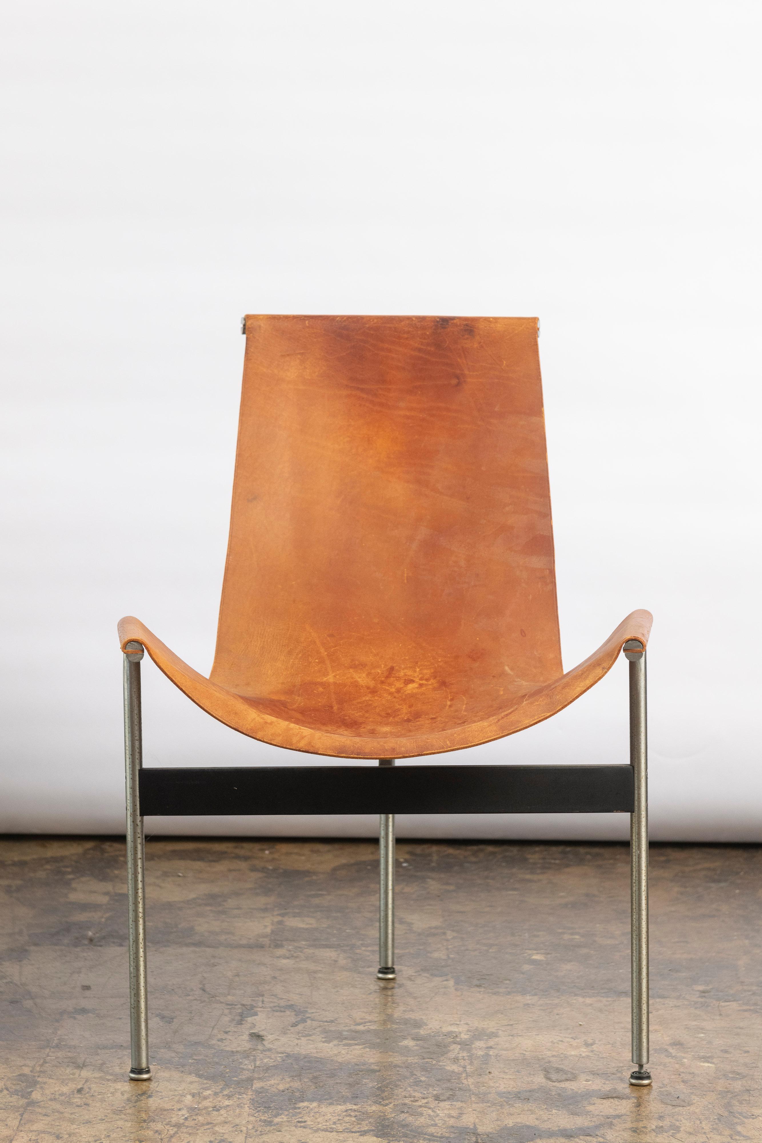 William Katavolos, Ross Littell, Douglas Kelley, single T-chair, chrome-plated steel, enameled steel, cognac leather, United States, designed in 1952. Three T-shaped steel legs hold the cognac leather in place. The original leather is connected to