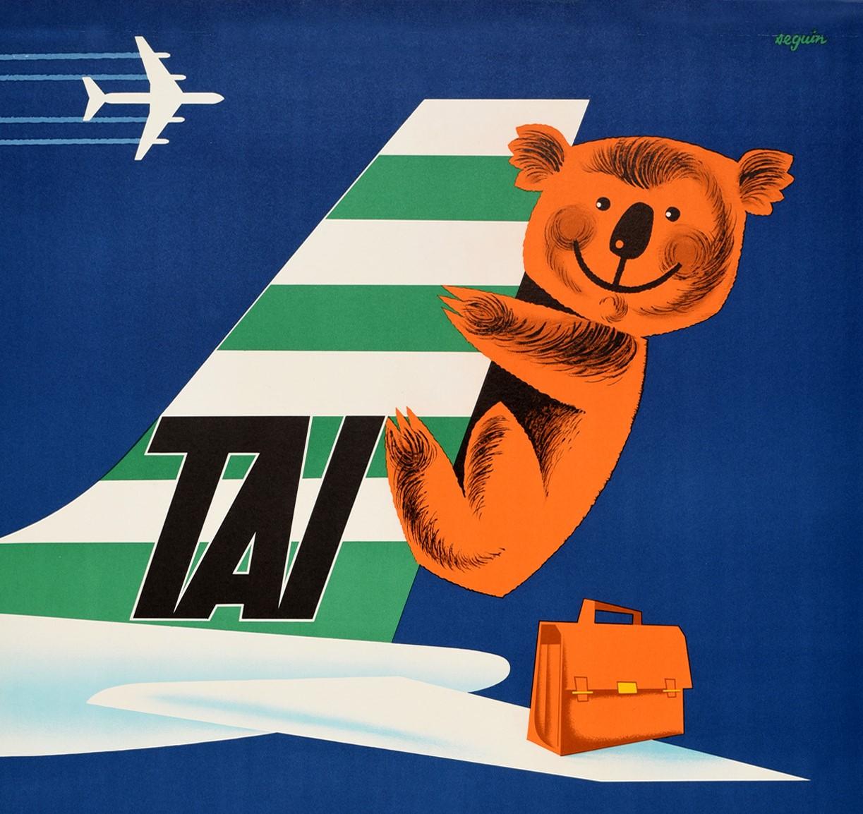 Original vintage travel advertising poster for Australia by TAI / Trans Aeriens Intercontinentaux Paris featuring a fun and colourful image of a smiling koala bear holding onto the vertical tail fin of a DC-8 jet plane with his bag on the horizontal