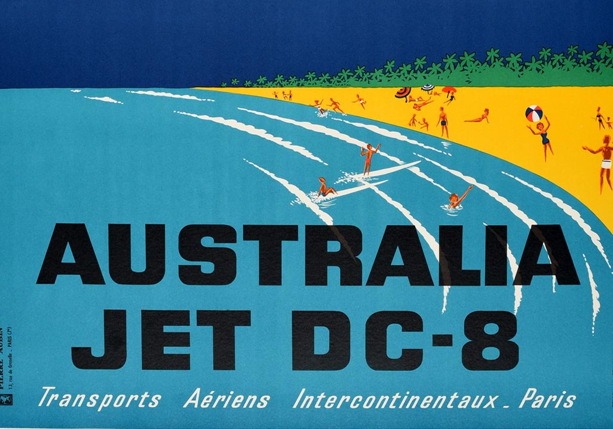 French Original Vintage TAI Travel Poster Australia Jet DC-8 Ft Beach Koala Bear Design