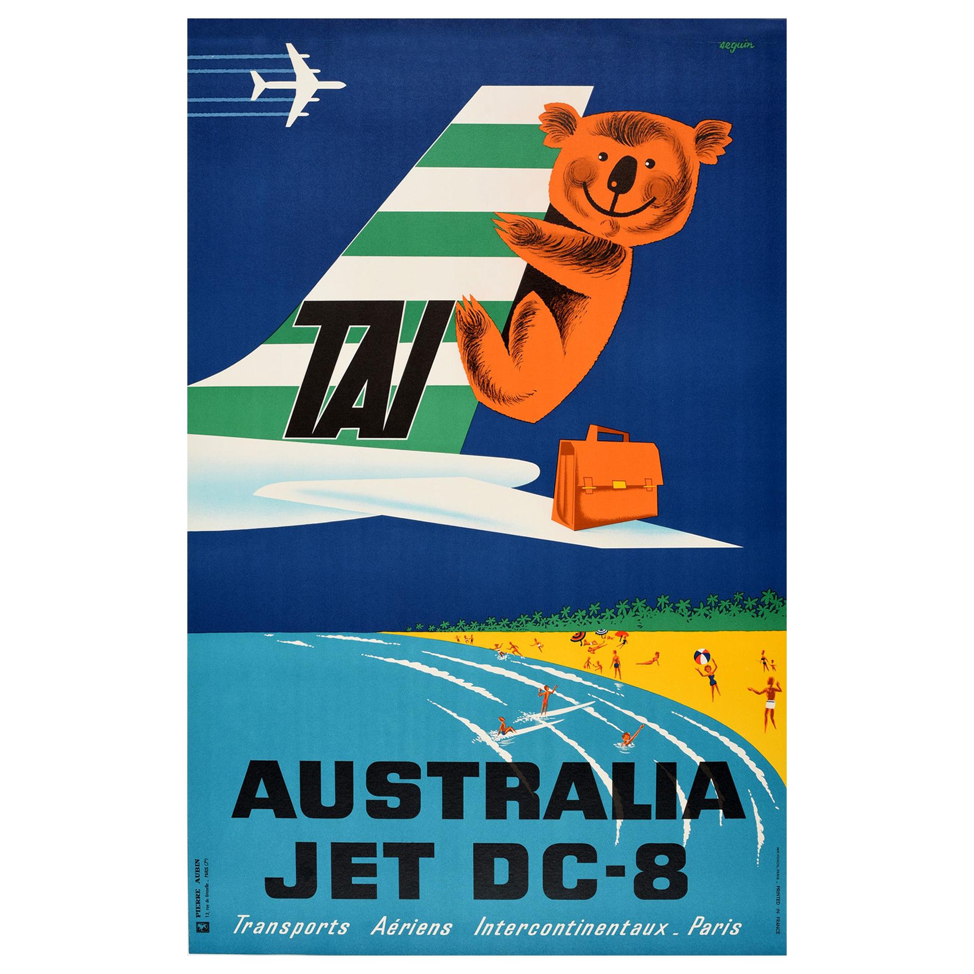 Original Vintage TAI Travel Poster Australia Jet DC-8 Ft Beach Koala Bear Design