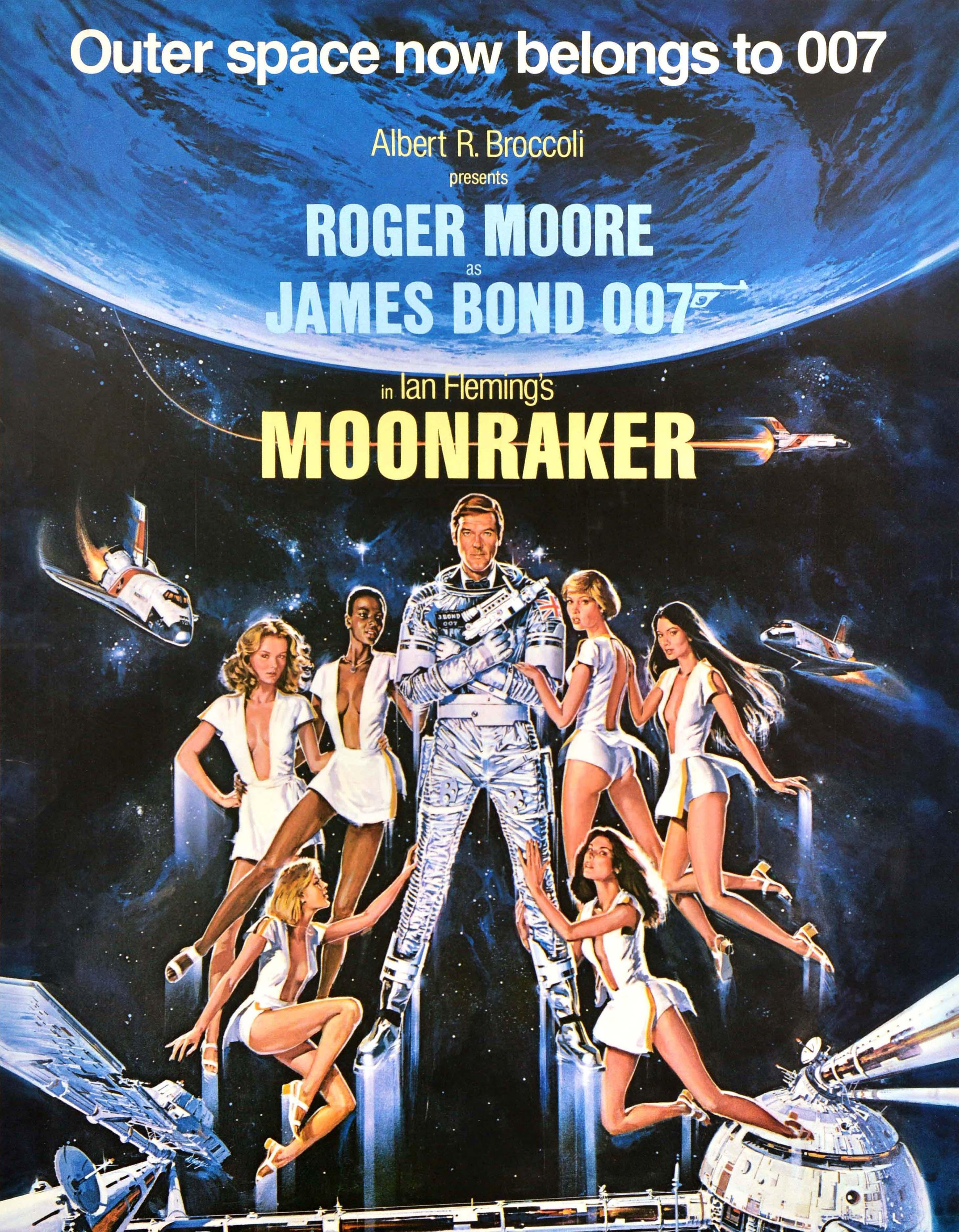 Original vintage teaser cinema poster for the James Bond movie - Outer space now belongs to 007 Moonraker Blasting Off This Summer! - starring Roger Moore, Lois Chiles (Holly Goodhead), Michael Lonsdale (Hugo Drax) and Richard Kiel (Jaws) with the