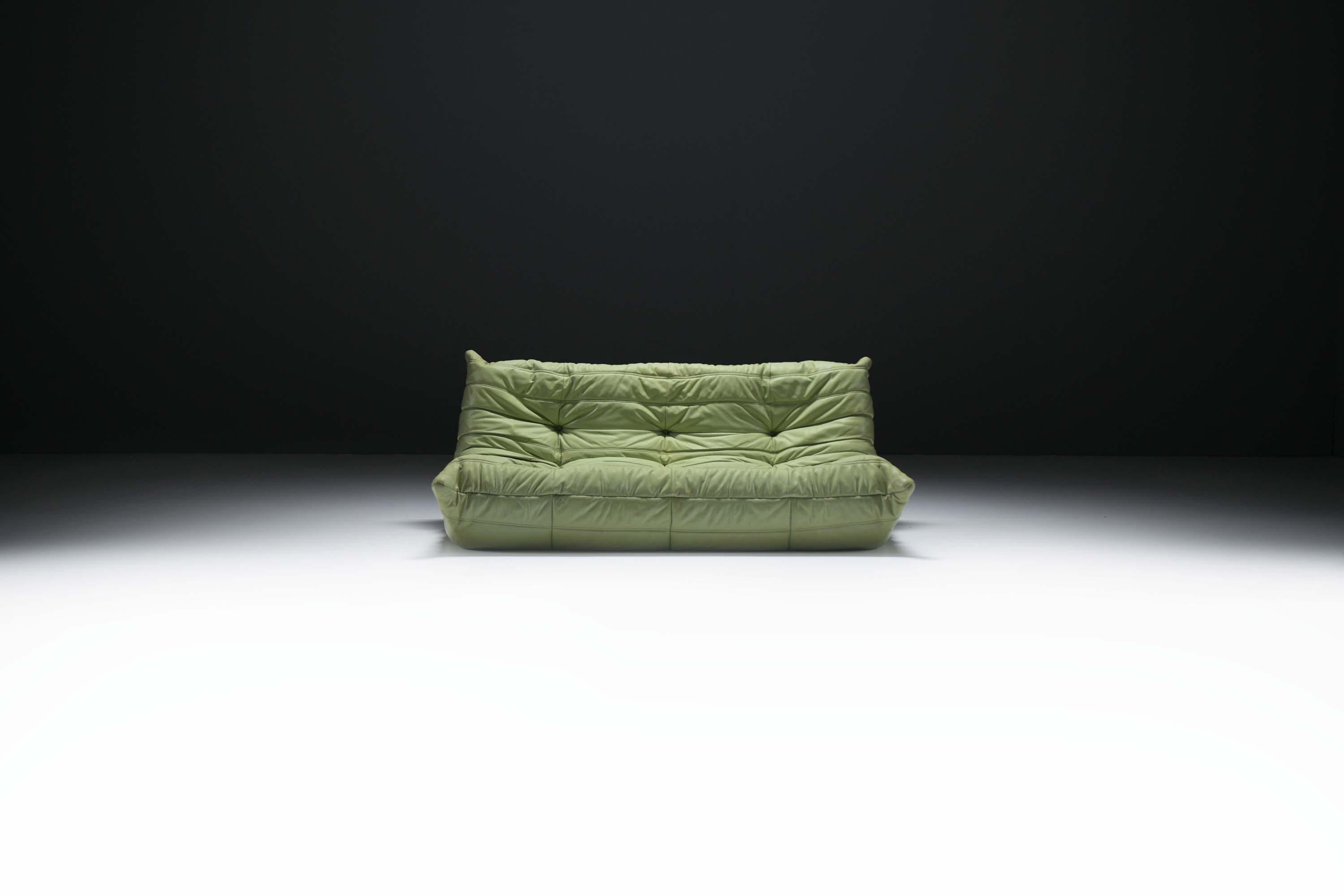 This 1987 Togo sofa boasts a rare, mint-colored leather upholstery that would be a stunning addition to any interior design. The high-quality craftsmanship and classic style of this vintage piece make it a timeless, elegant choice.
Designed by