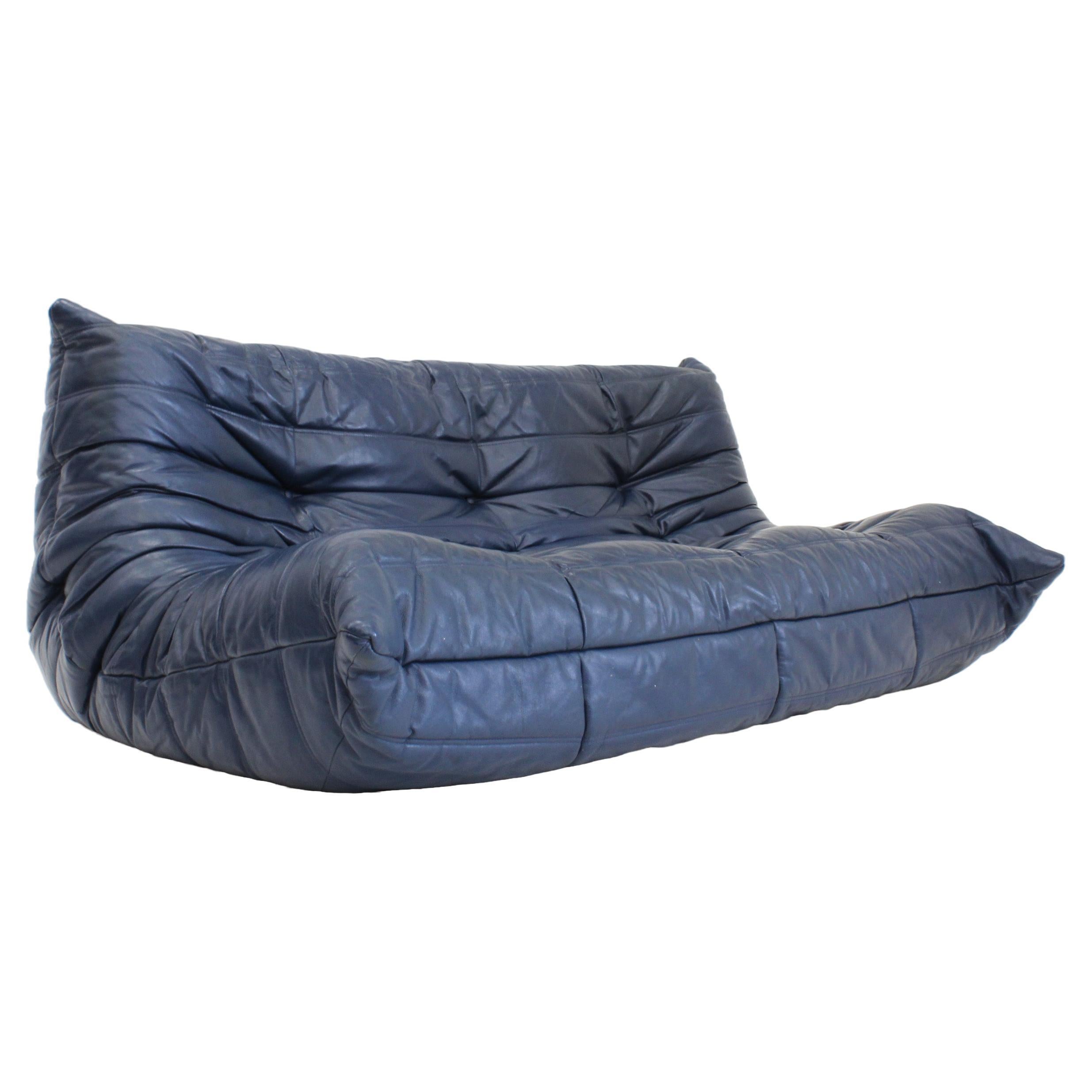 Original Vintage Togo ligne Roset 3 seater sofa in blue leather