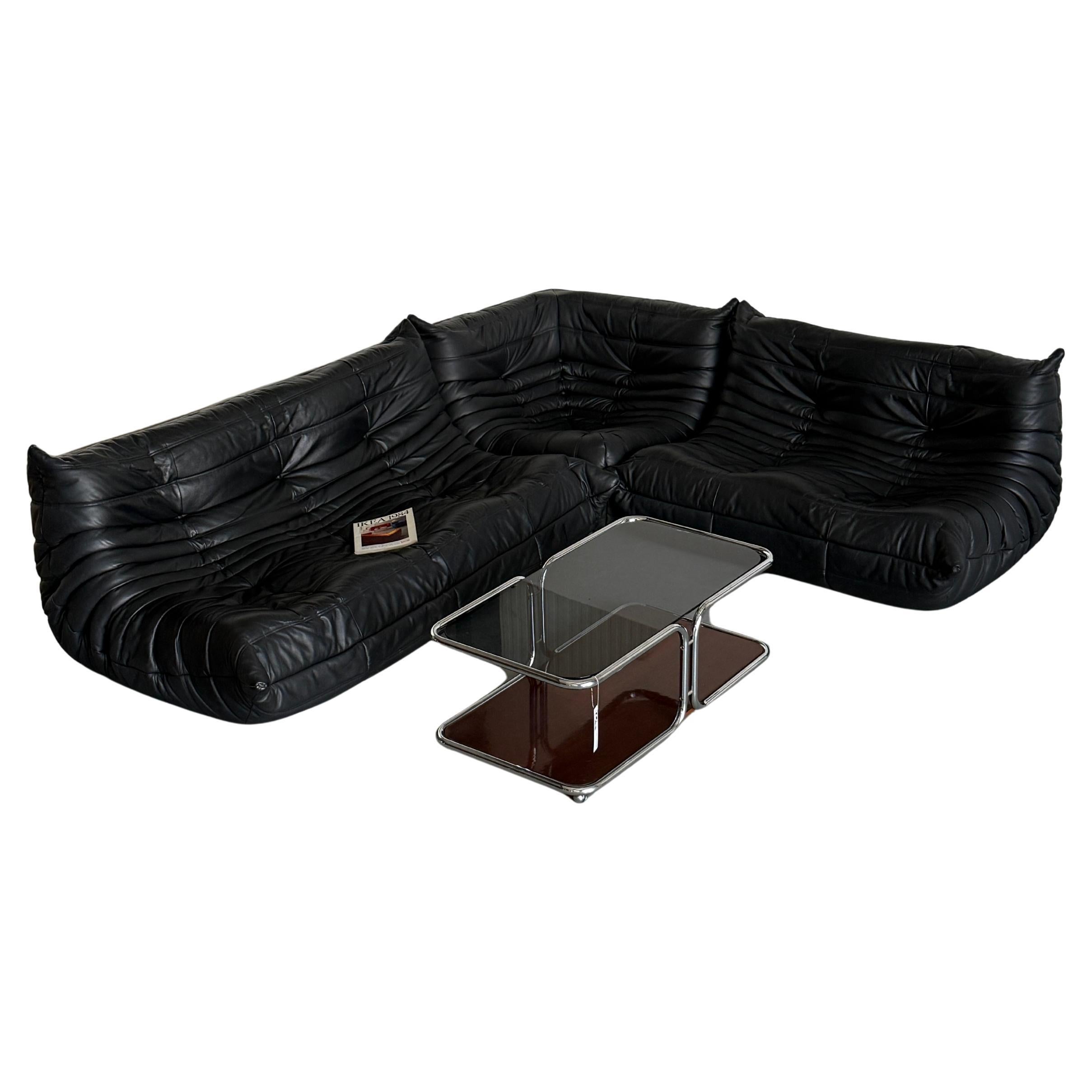 Original Vintage Togo Modular Sofa in schwarzem Leder, Michel Ducaroy, Michele Roset im Angebot