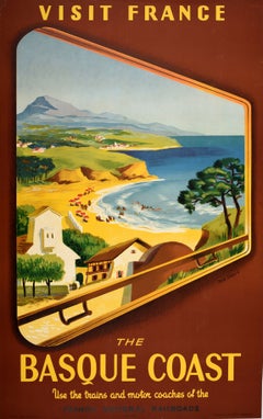 Original Vintage Train Travel Advertising Poster Basque Coast Visit France SNCF