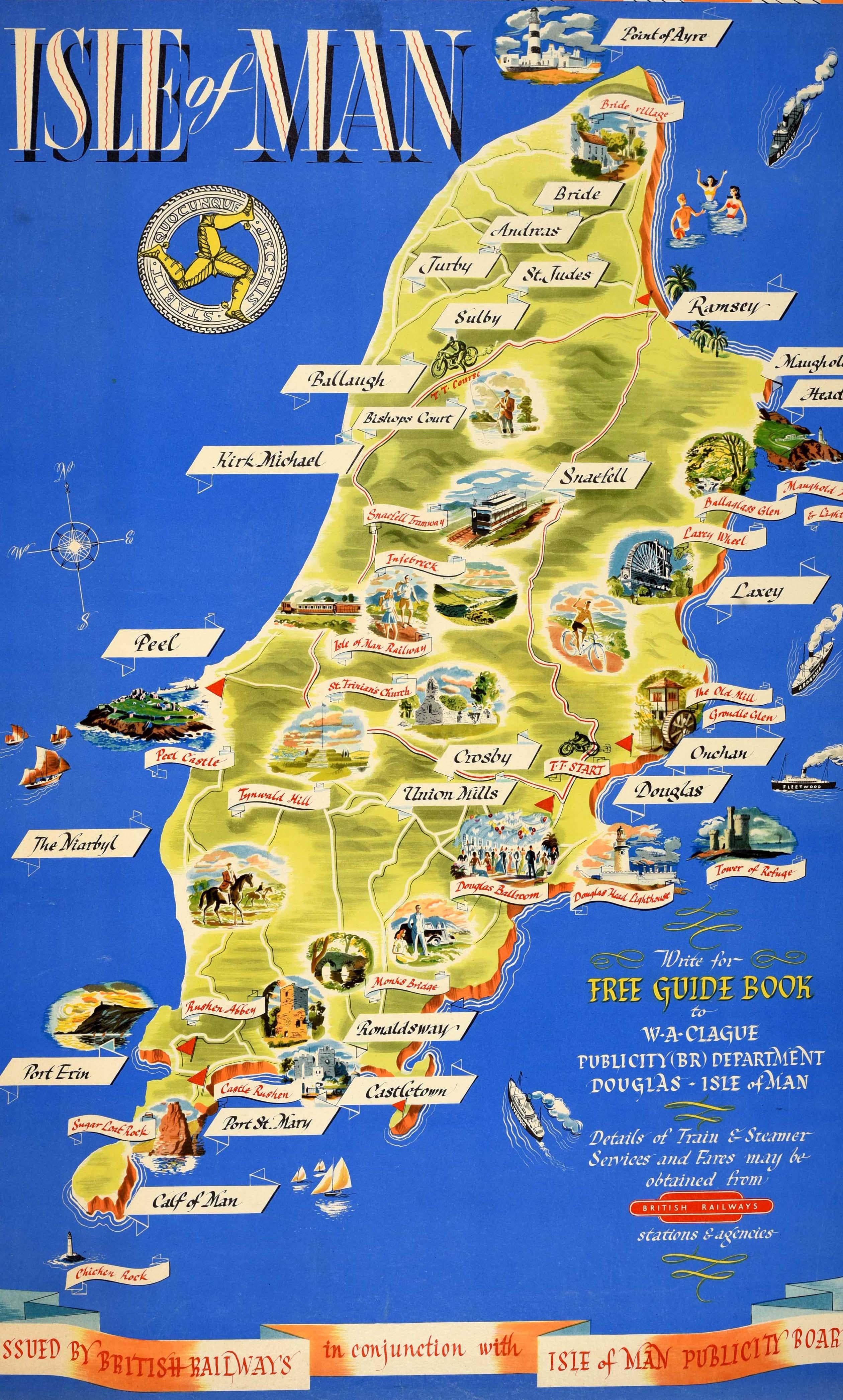 Originales Vintage-Reisekartenposter für die Isle of Man, herausgegeben von British Railways in Zusammenarbeit mit dem Isle of Man Publicity Board, mit einer Bildkarte, die mit Städtenamen und Abbildungen von lokalen Sehenswürdigkeiten versehen ist,