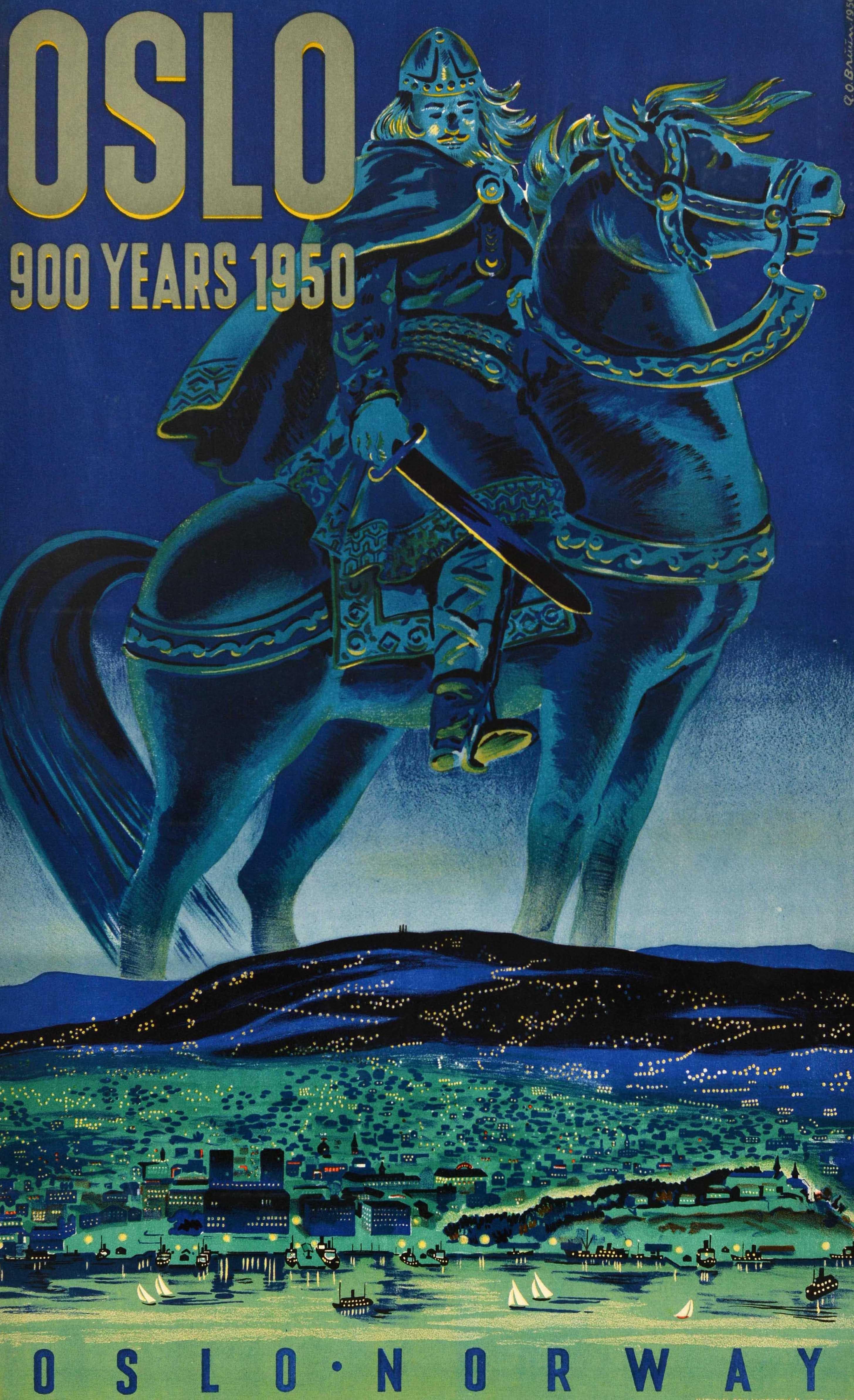 Poster ferroviario originale d'epoca per Oslo Norvegia 900 Years 1950 che celebra l'anniversario della storica capitale, con una splendida immagine del re vichingo Harald di Norvegia / Harald Sigurdsson (circa 1015-1066) su un cavallo e con una