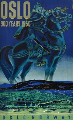 Original Vintage Train Travel Poster 900 Years Viking King Horse Norway Railway