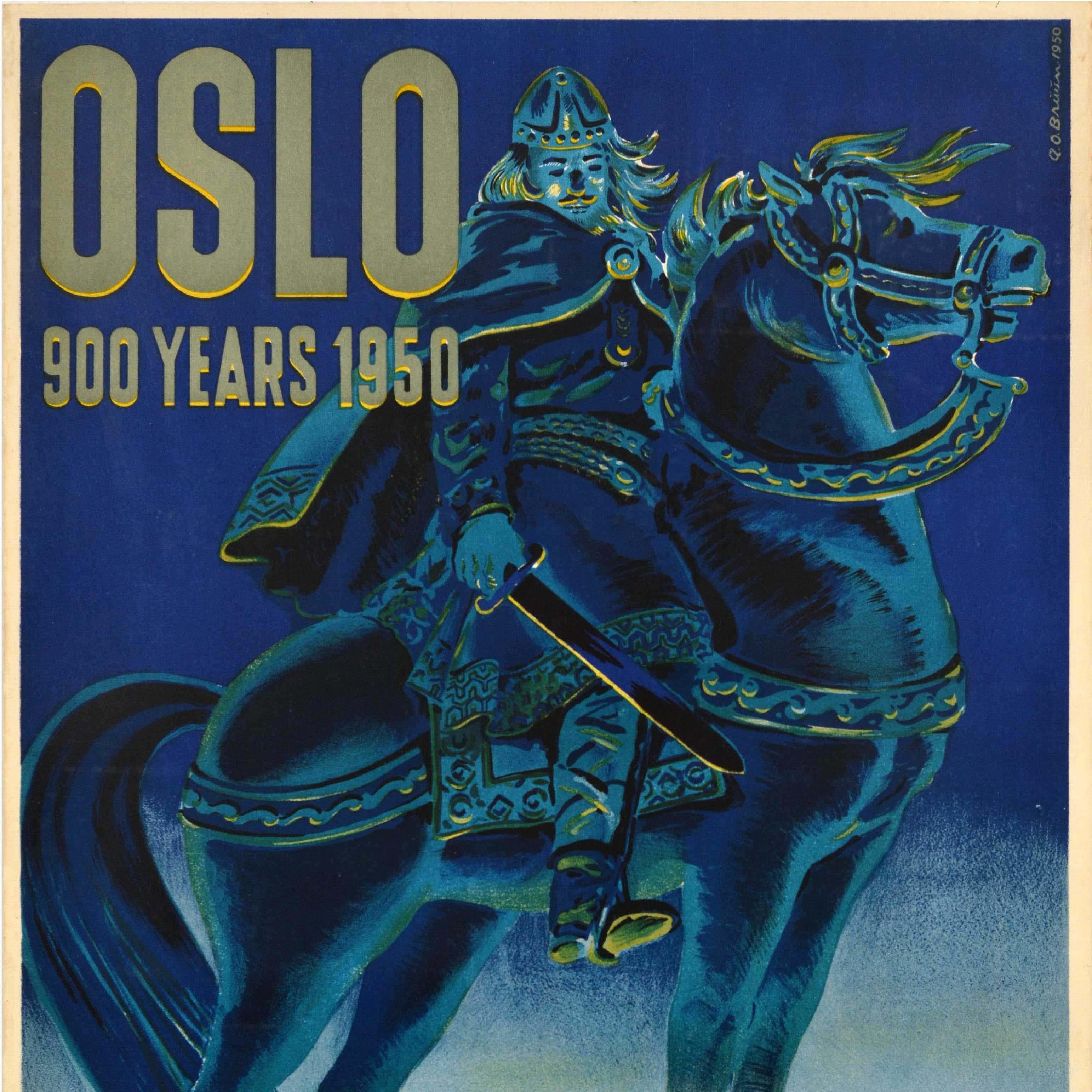 Norvegese Poster originale di viaggio in treno d'epoca 900 anni Re Vichingo Cavallo Norvegia Ferrovia in vendita