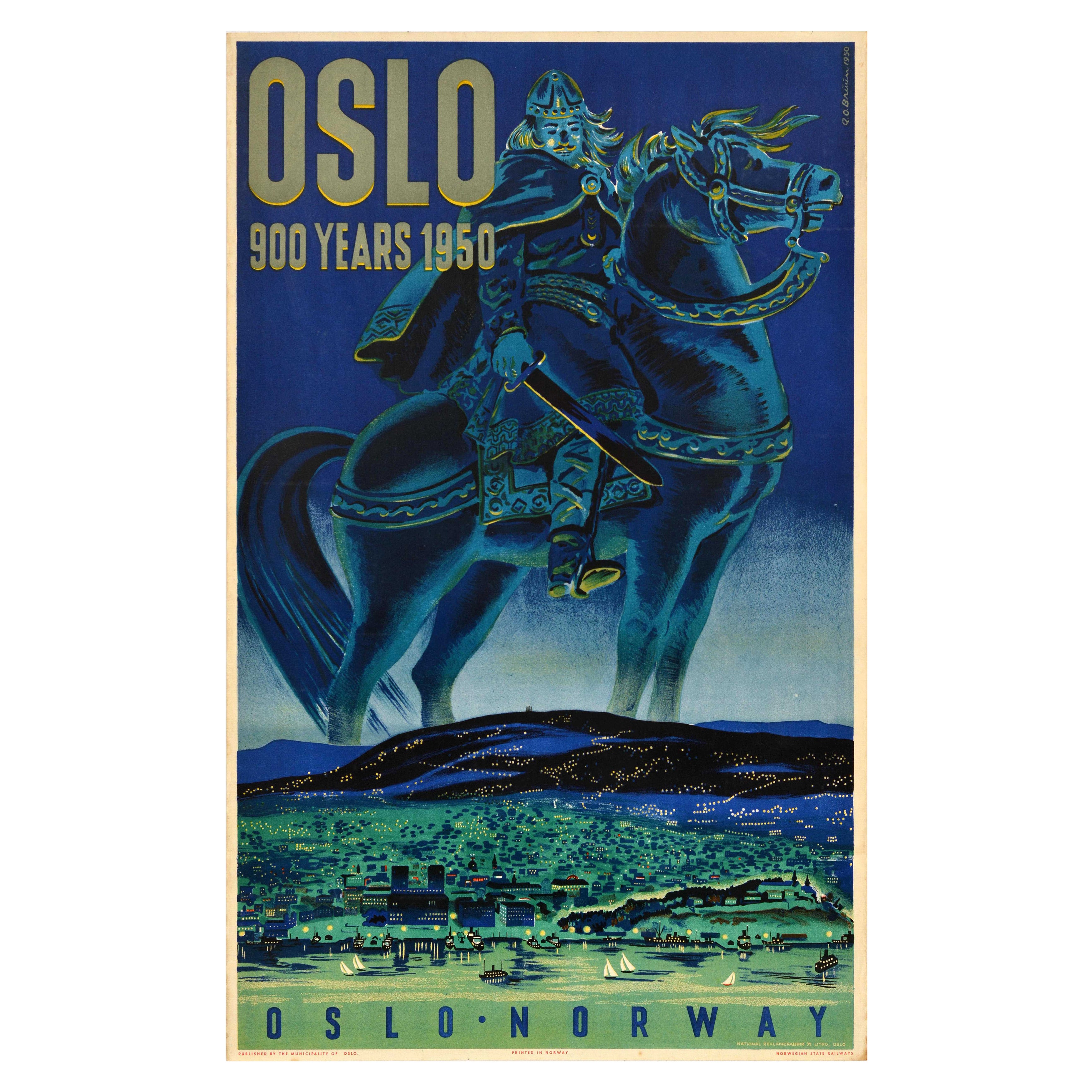 Poster originale di viaggio in treno d'epoca 900 anni Re Vichingo Cavallo Norvegia Ferrovia in vendita