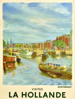 Original Vintage Train Travel Poster Amsterdam Niederlande Niederländische Eisenbahnen
