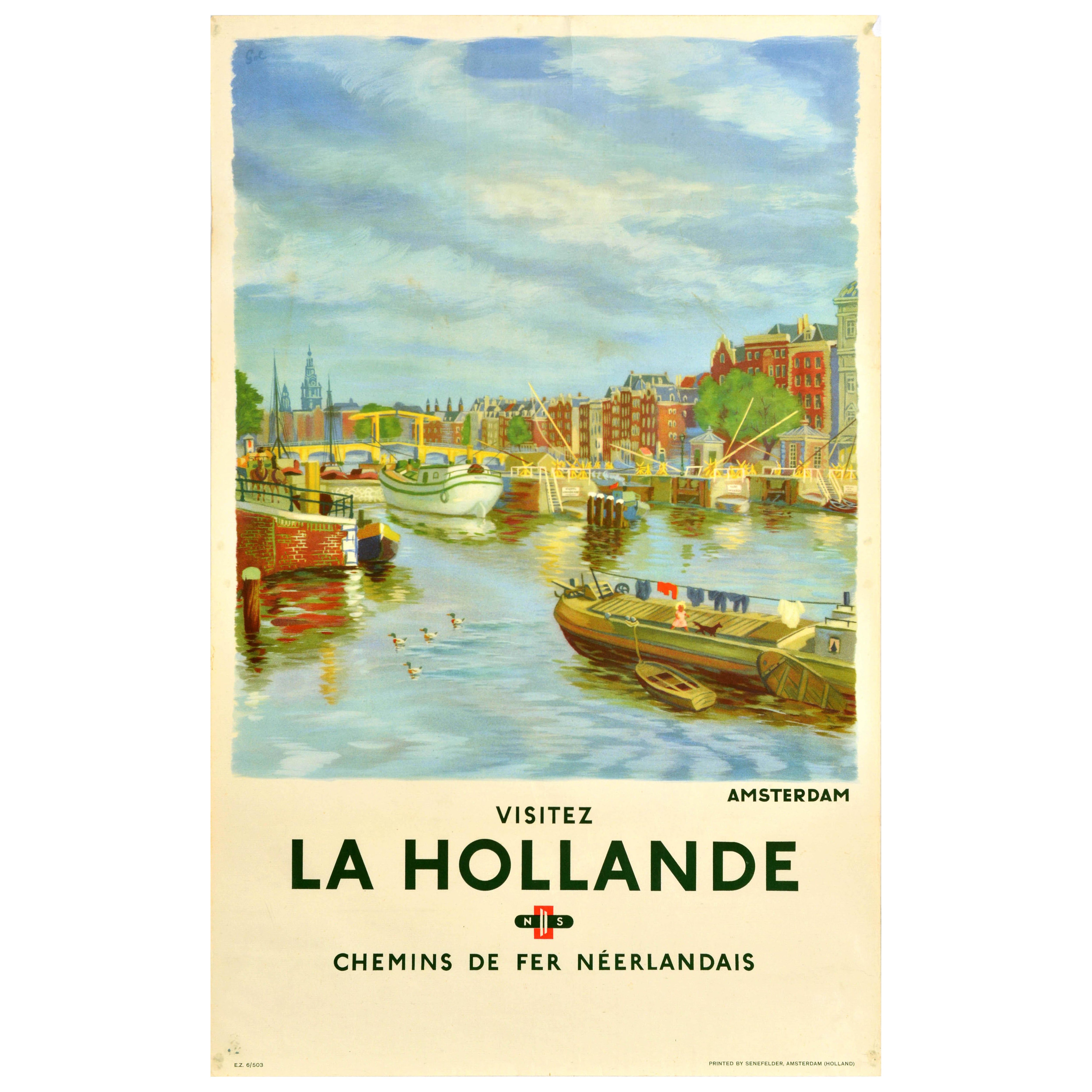 Original Vintage Train Travel Poster Amsterdam Netherlands Dutch Railways