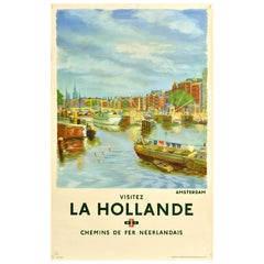 Original Vintage Train Travel Poster Amsterdam Netherlands Dutch Railways