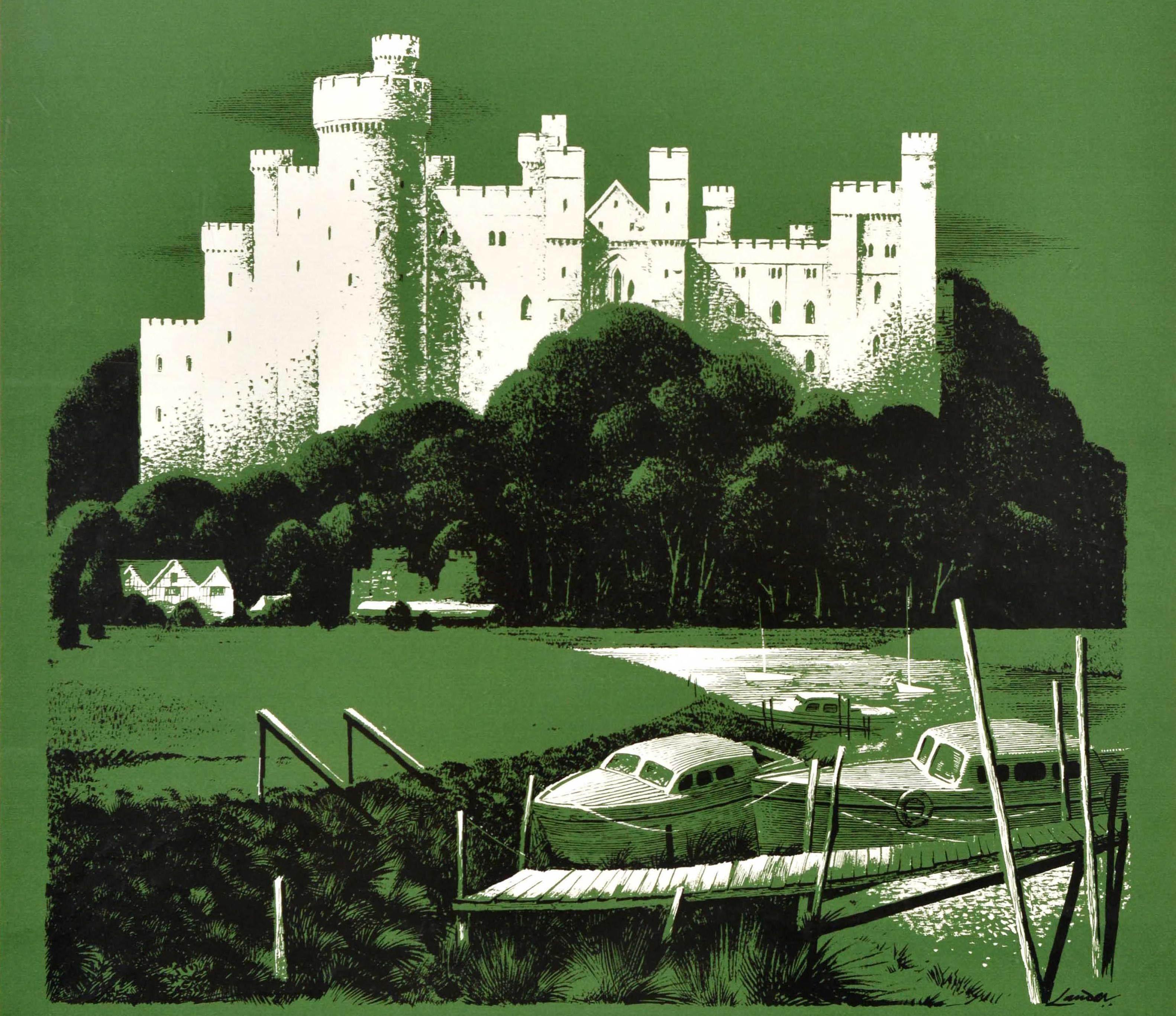 Affiche originale de voyage en train - Visit Arundel Castle - réalisée par le célèbre artiste commercial et créateur d'affiches Reginald Montague Lander (1913-1980) représentant le château historique d'Arundel, datant du XIe siècle et situé dans le