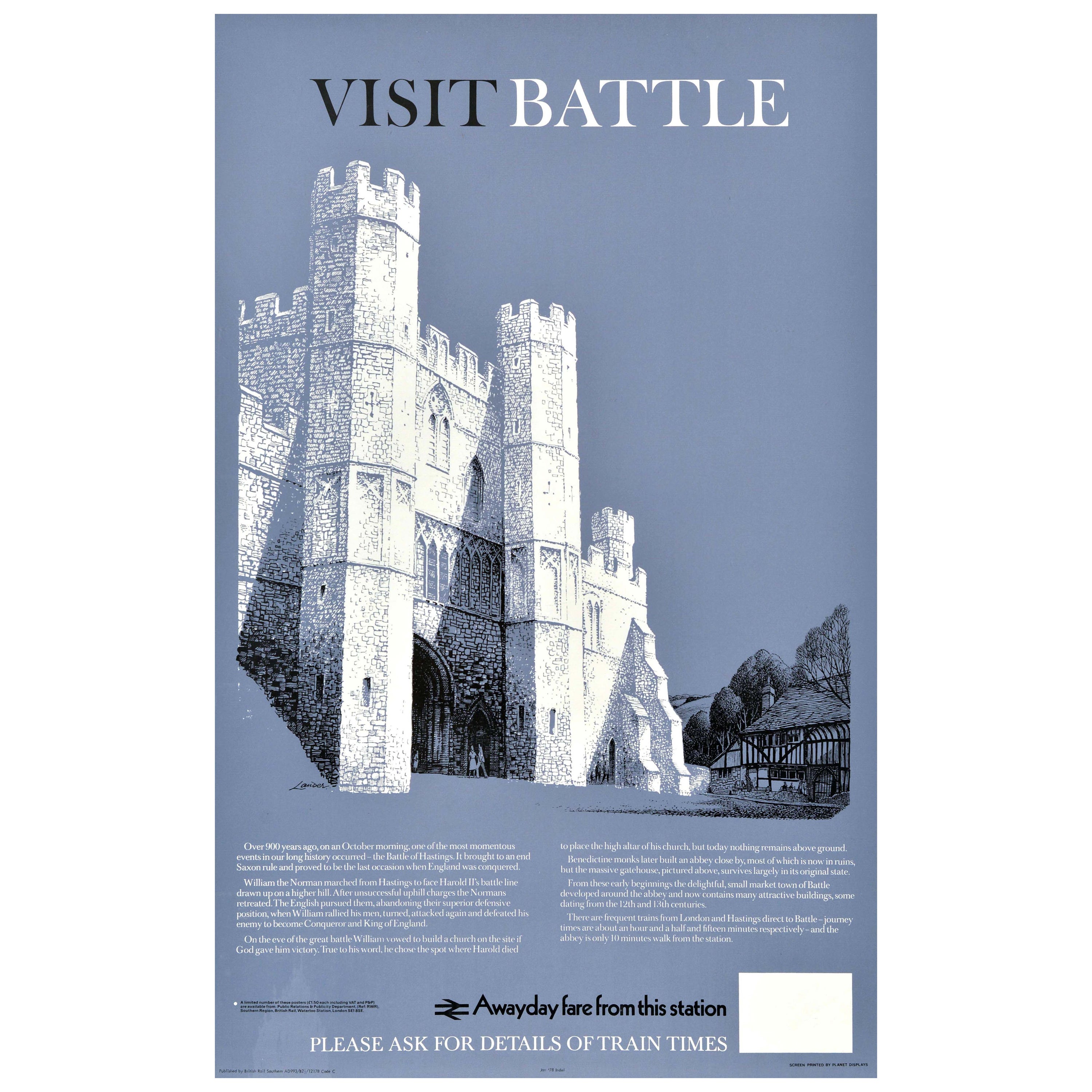 Póster original vintage de viaje en tren Battle Abbey Hastings British Rail Lander