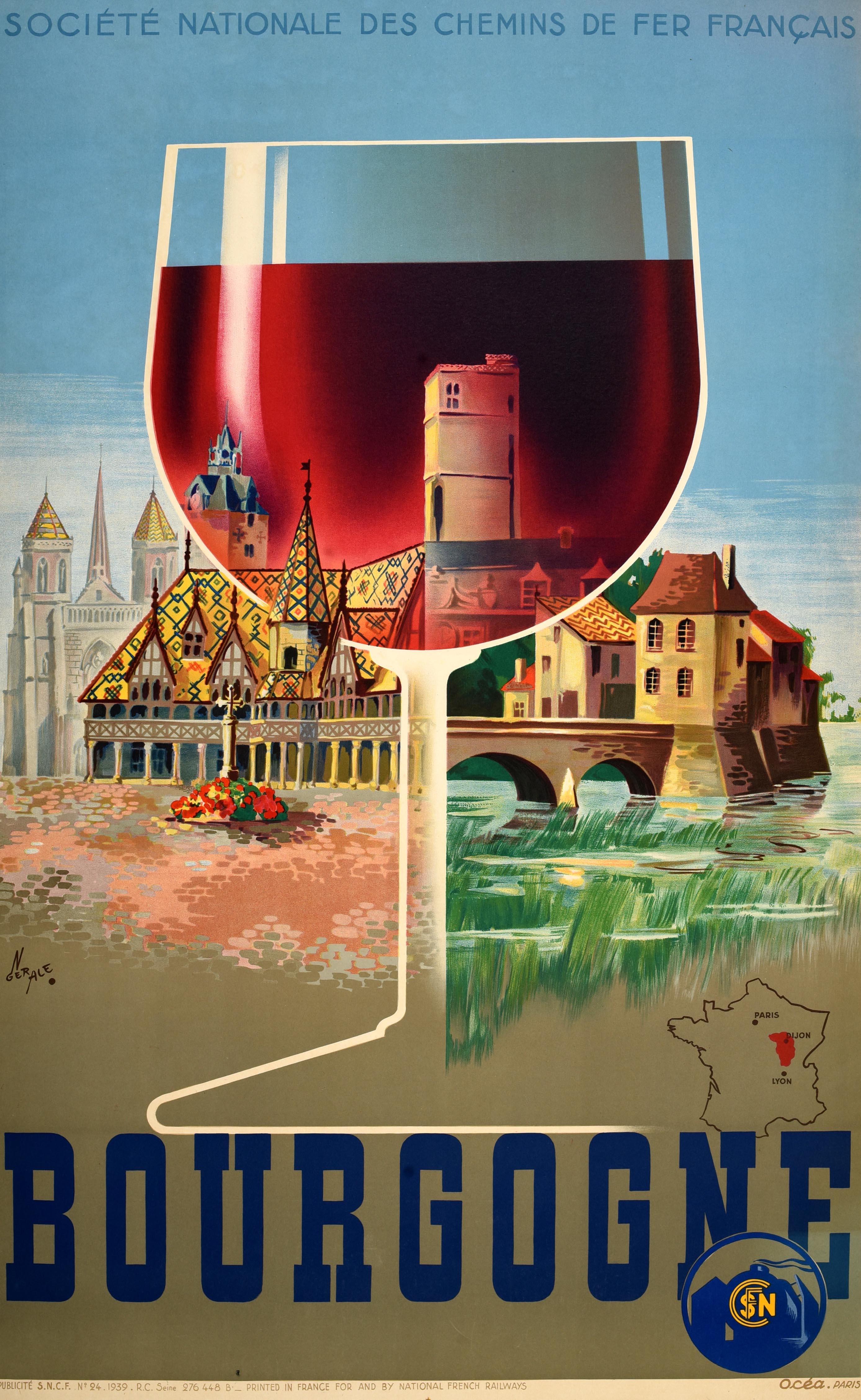 Originales Vintage-Zugreiseplakat für Burgund, herausgegeben von der SNCF Societe Nationale Des Chemins De Fer Francais. Das Plakat von Gerard Alexandre (1914-1974) zeigt ein großes Glas Rotwein vor malerischer Architektur, darunter das gotische