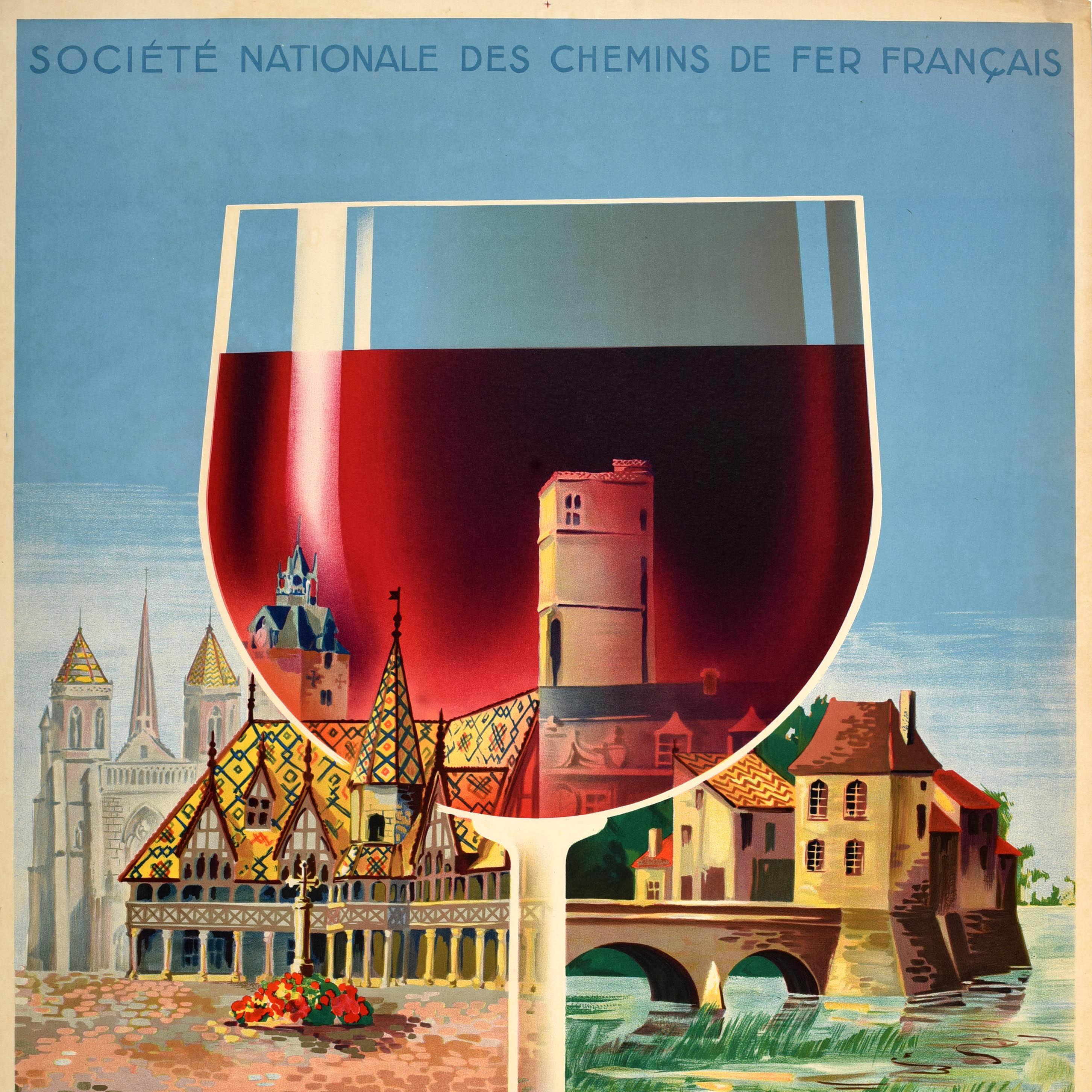 French Original Vintage Train Travel Poster Bourgogne Burgundy Wine SNCF Railway France For Sale