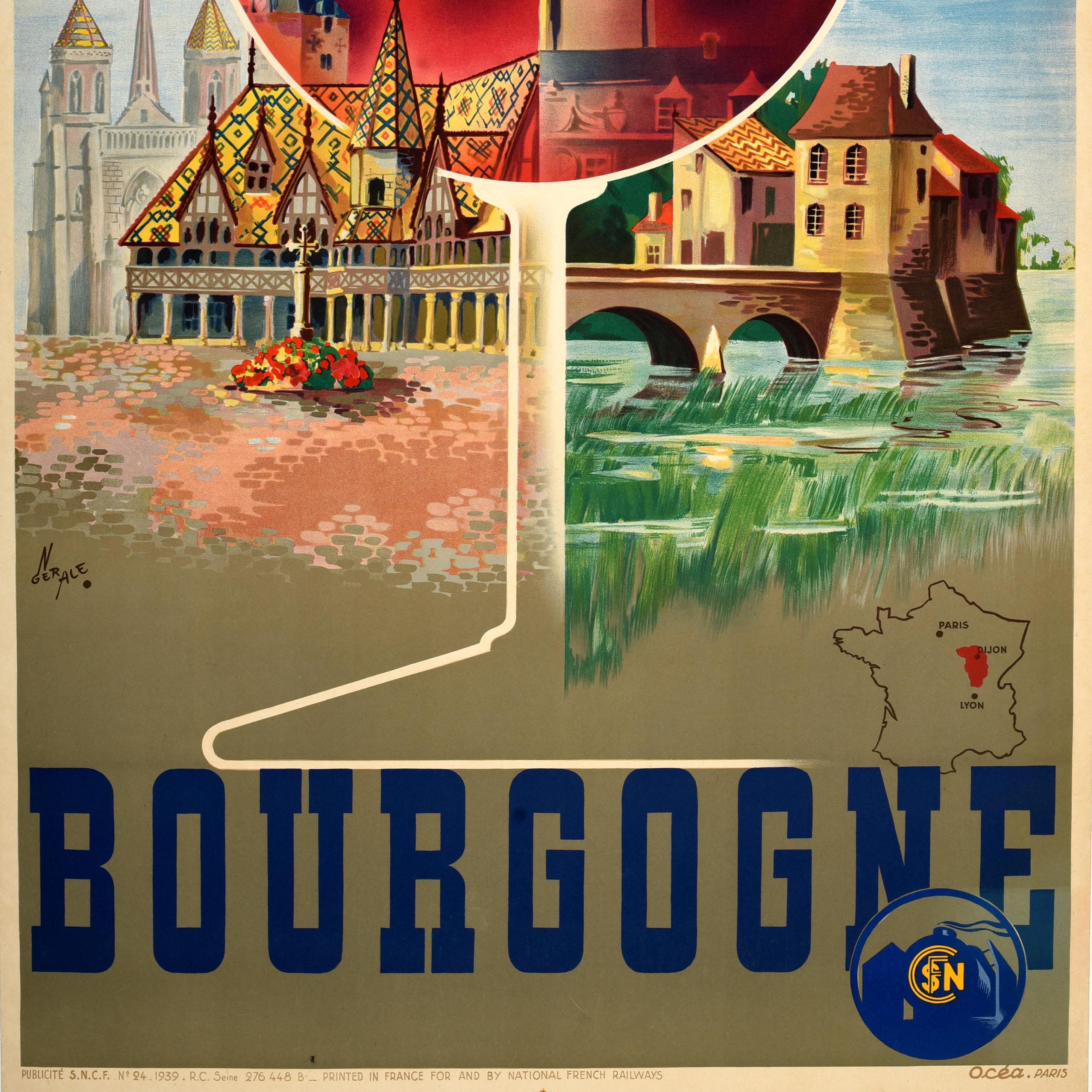 Original Vintage Train Travel Poster Bourgogne Burgundy Wine SNCF Railway France In Good Condition For Sale In London, GB