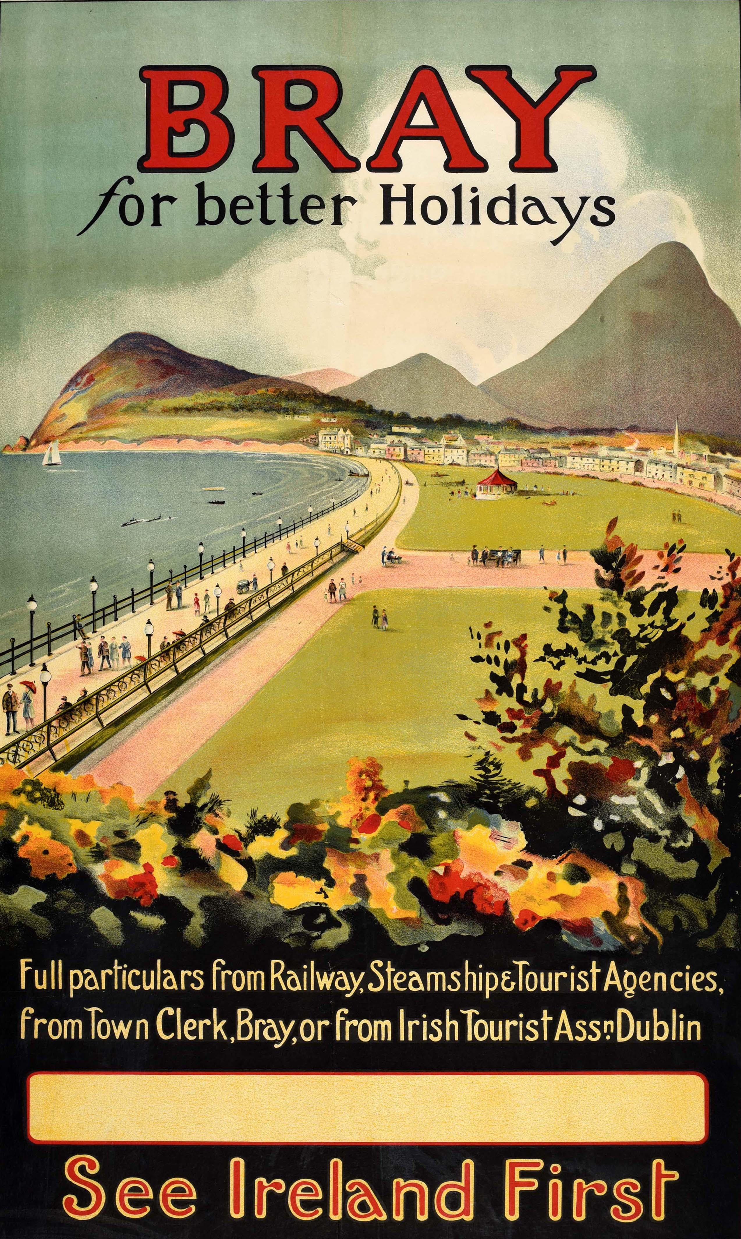 Original vintage train travel poster - Bray for Better Holidays See Ireland First - featuring people enjoying a walk along the seafront promenade and beach in the resort town of Bray in County Wicklow Ireland with the Victorian bandstand on the