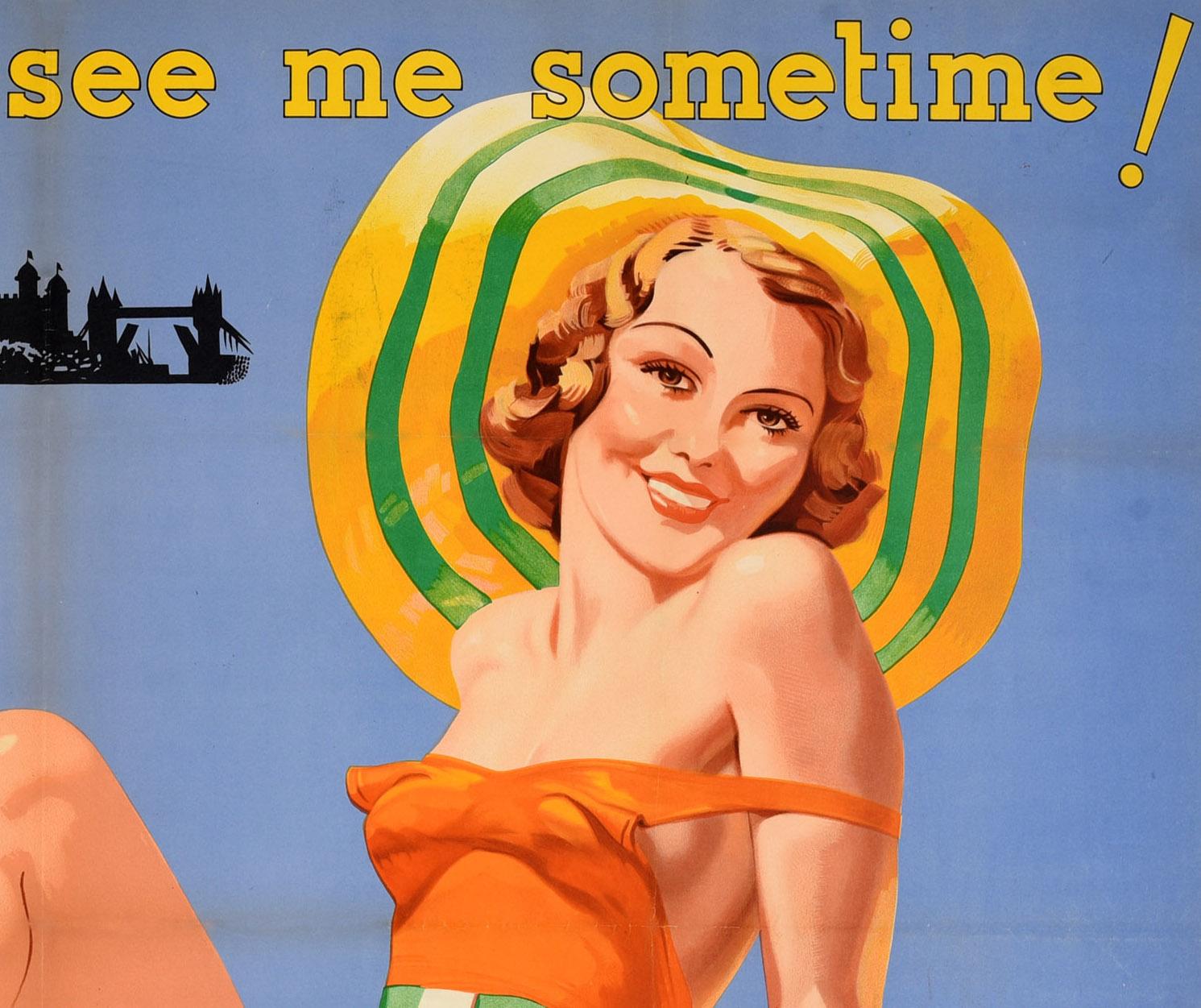 Original vintage train travel poster for Brighton Come down and see me sometime! Stunning design featuring a smiling lady wearing a fashionable orange bathing suit and a green and yellow striped sun hat leaning back on the beach and looking at the