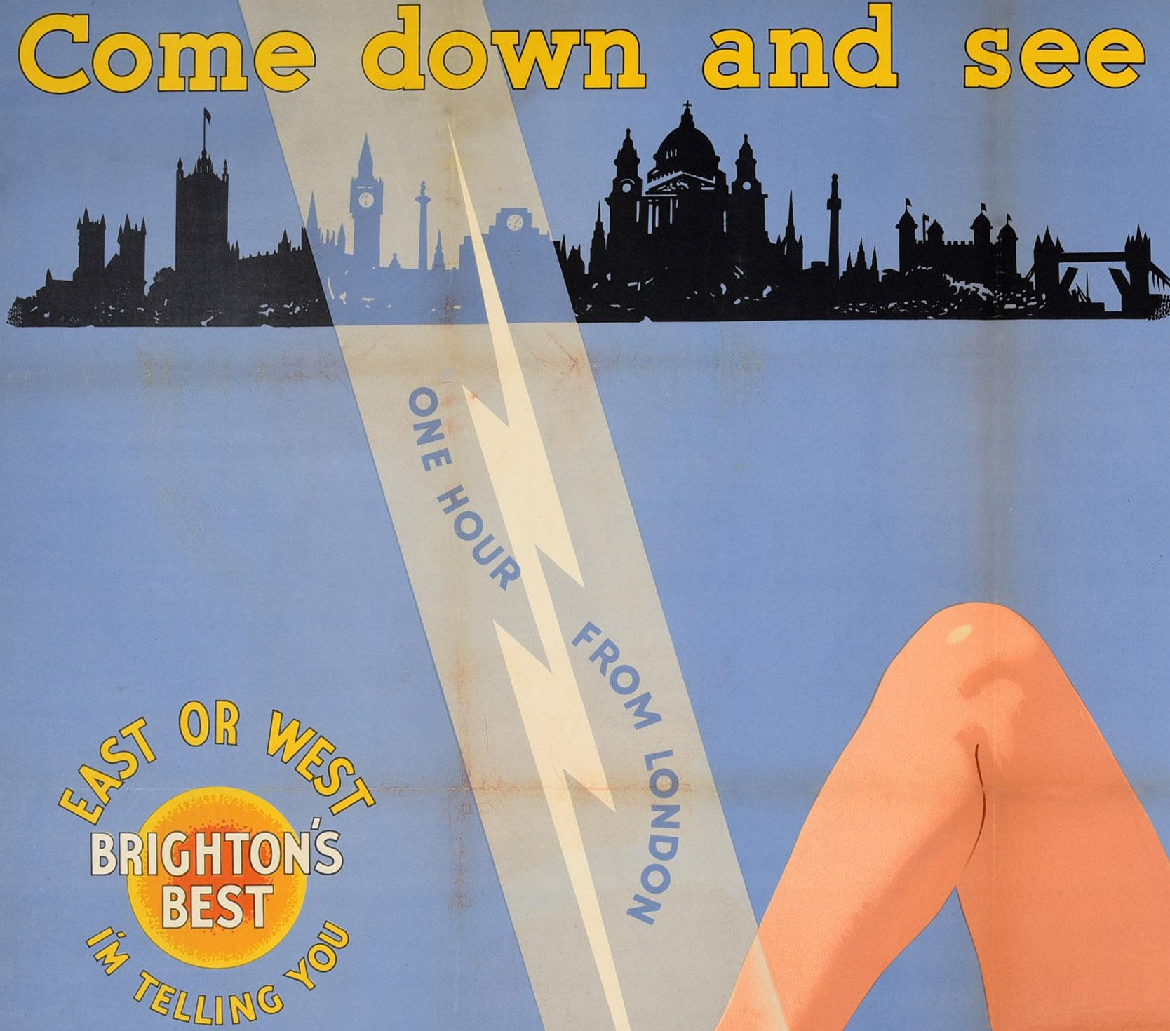 British Original Vintage Train Travel Poster Brighton Come Down London Seaside Resort For Sale