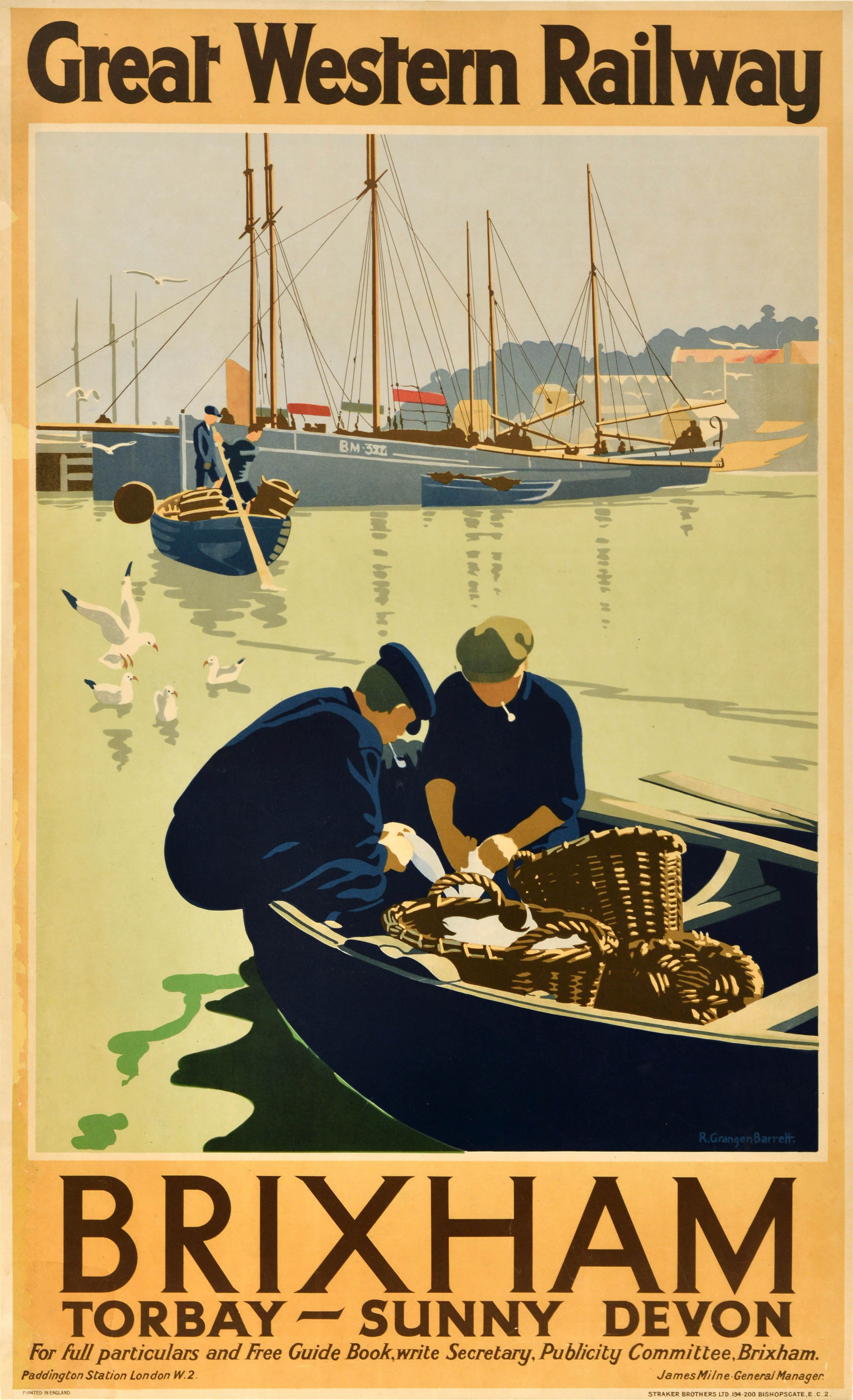 Poster originale d'epoca per il viaggio in treno Brixham Great Western Railway GWR Devon