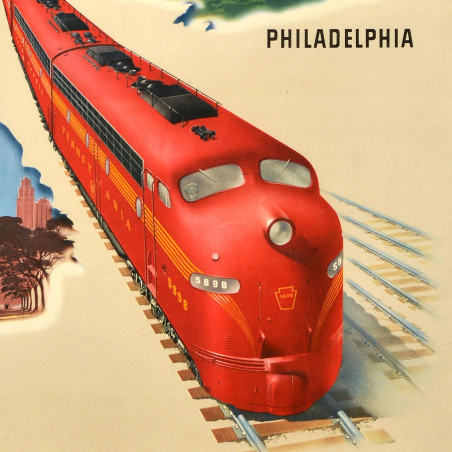 Originales Vintage-Reiseplakat, das für den von der Pennsylvania Railroad PRR (Pennsy; gegründet 1846) betriebenen Personenzug Broadway Limited (1912-1995) wirbt. Das Plakat zeigt einen stromlinienförmigen Zug, der auf einer Eisenbahnlinie an