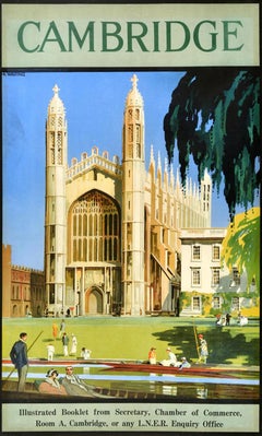 Original Vintage Train Travel Poster Cambridge LNER Punting King's College