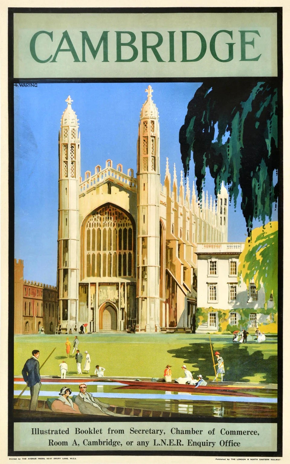 Poster originale di viaggio in treno d'epoca Cambridge LNER Punting King's College