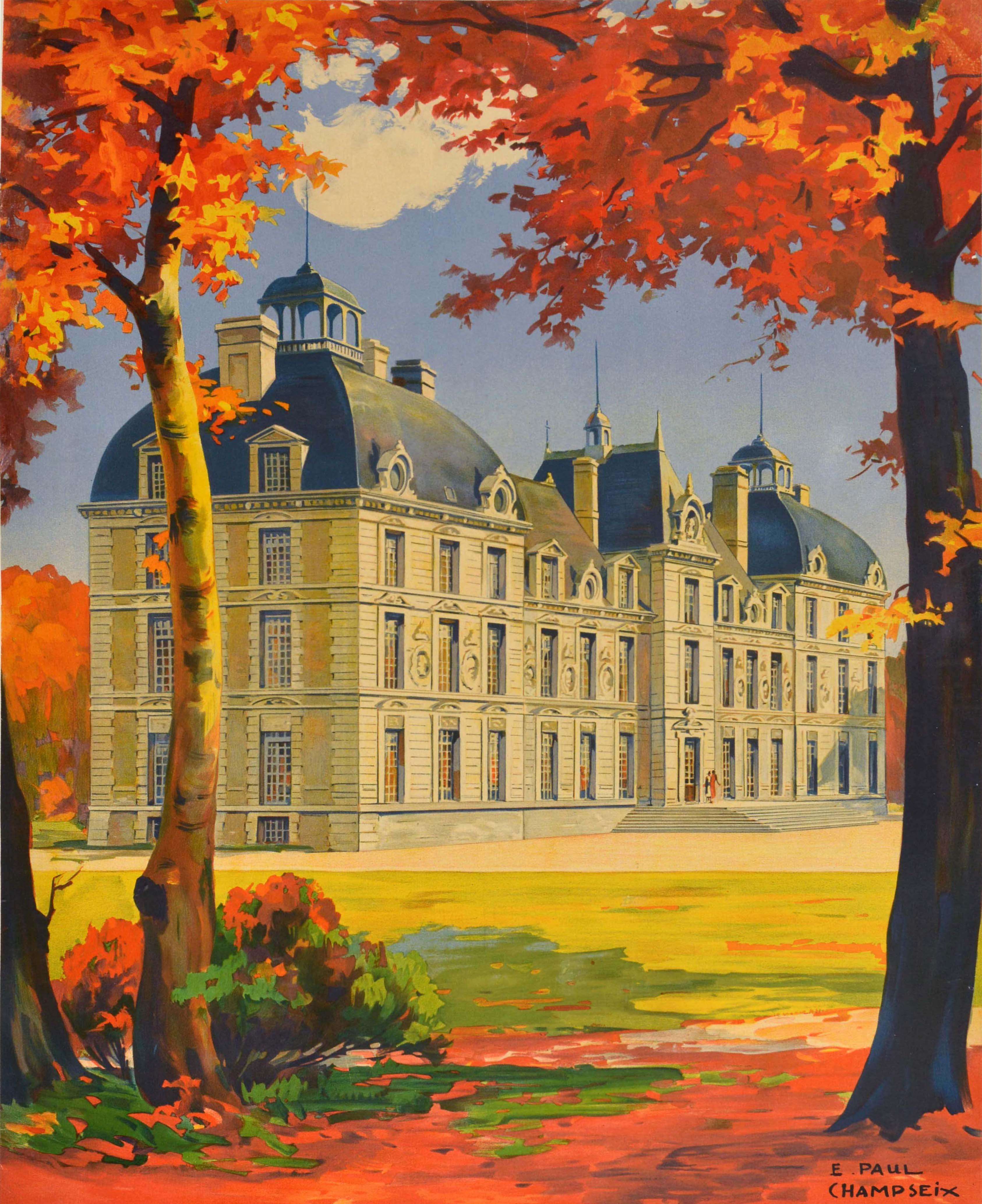 Originales Vintage-Werbeplakat für Chateaux de la Loire Cheverny, herausgegeben von den staatlichen französischen Eisenbahnen (SNCF Societe Nationale des Chemins de Fer Francais; gegründet 1938), mit einer Ansicht des historischen Schlosses Cheverny